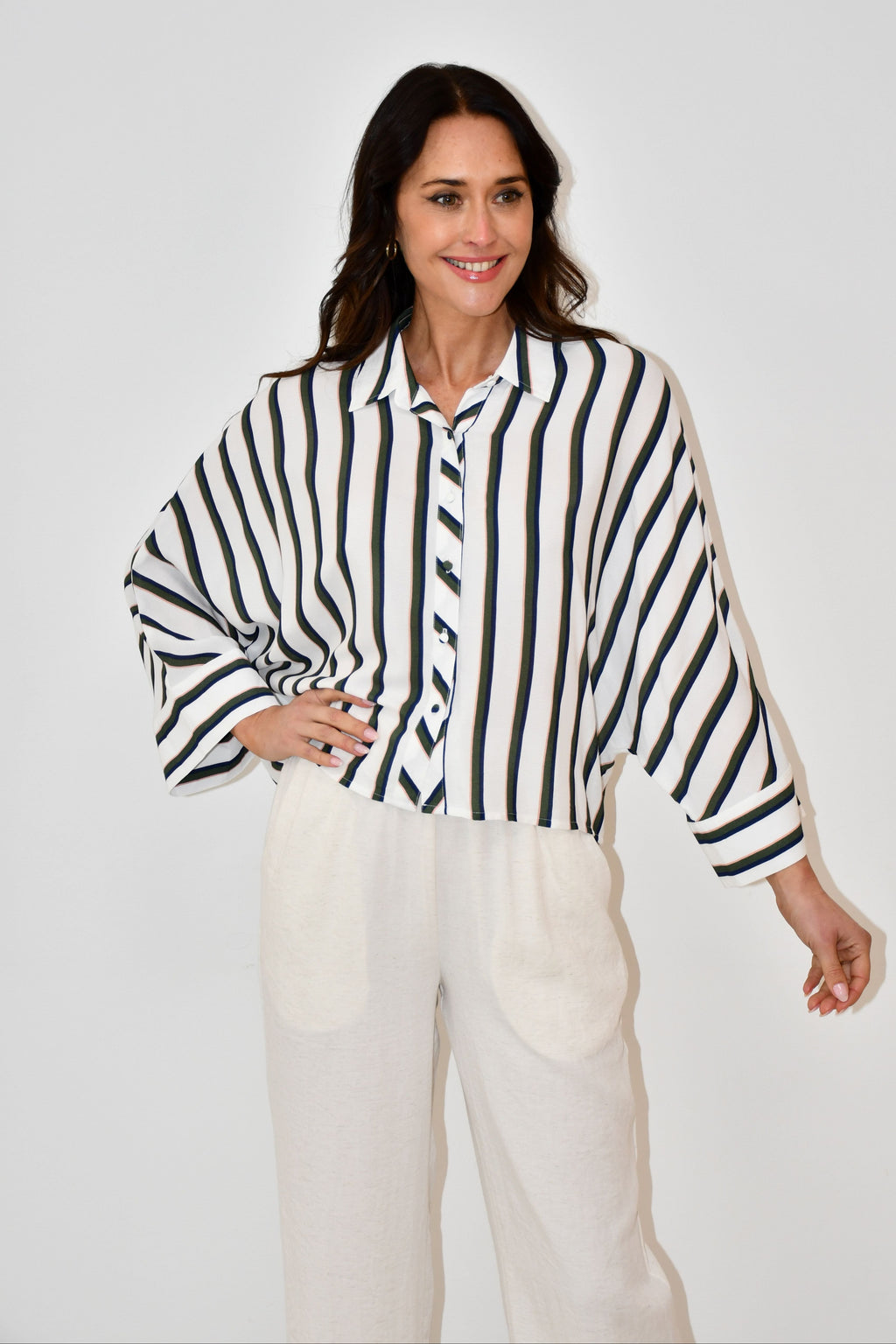 LX2538J - Oversized Striped Button-Down Shirt
