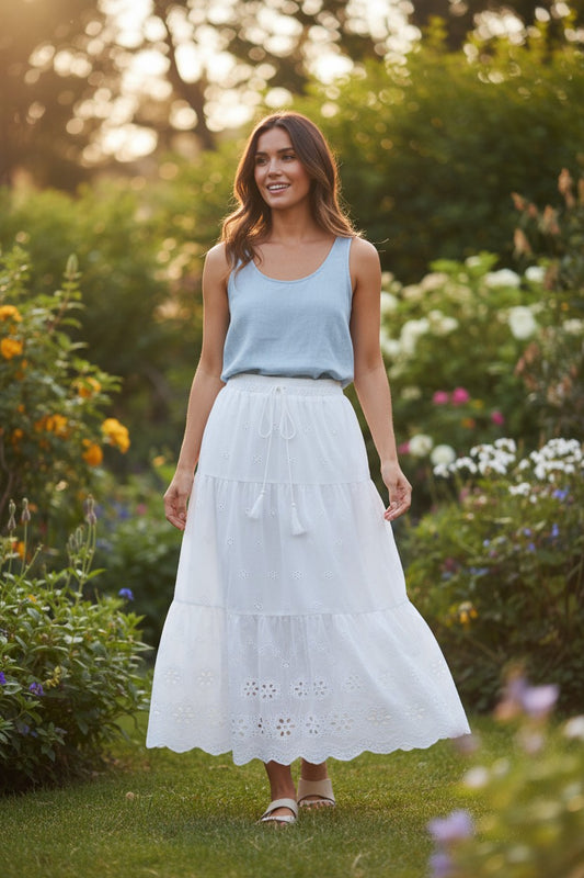 LX2547J White Cotton Broderie Anglaise Tiered Maxi Skirt