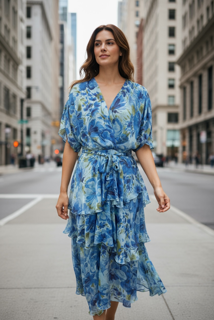 LX2557-1J Blue Watercolour Floral Layered Wrap Dress