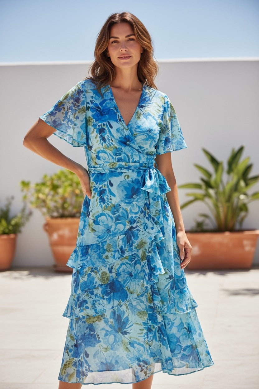 LX2557-1J Blue Watercolour Floral Layered Wrap Dress