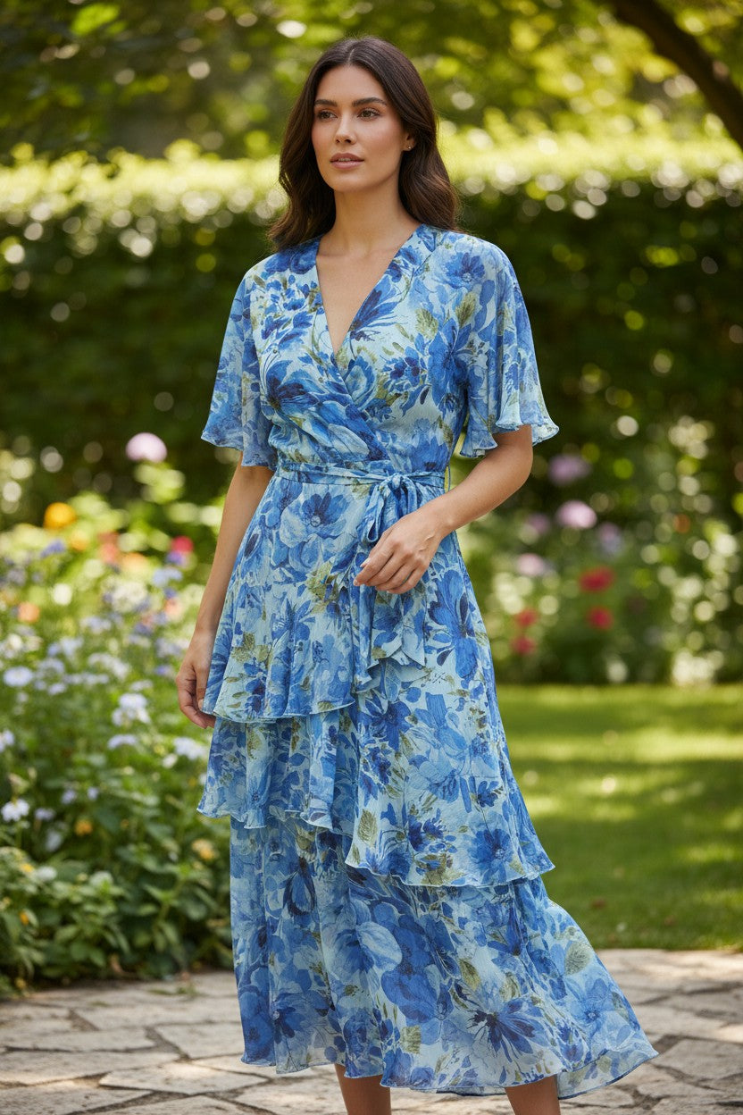 LX2557-1J Blue Watercolour Floral Layered Wrap Dress