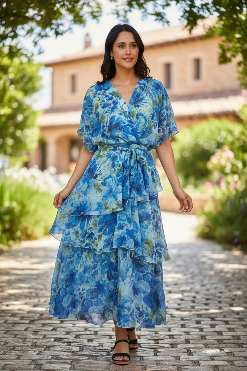 LX2557-1J Blue Watercolour Floral Layered Wrap Dress