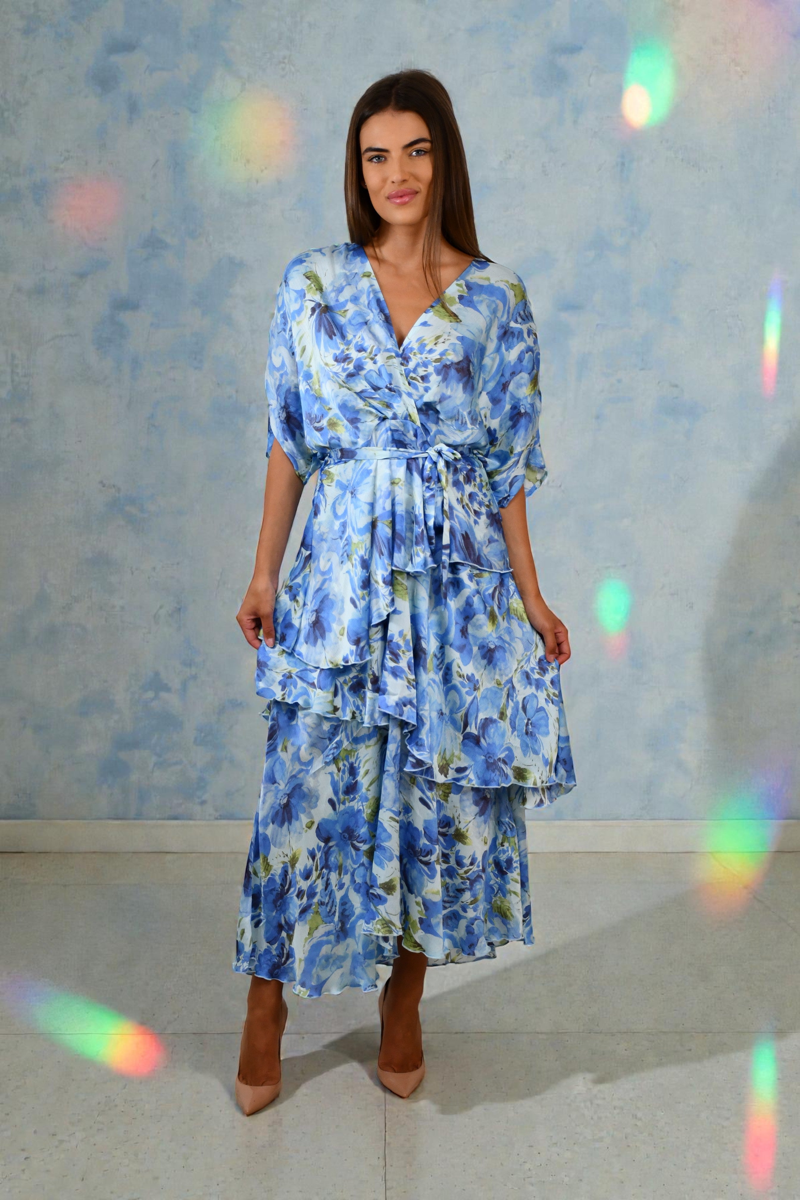 LX2557-1J Blue Watercolour Floral Layered Wrap Dress