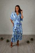 LX2557-1J Blue Watercolour Floral Layered Wrap Dress