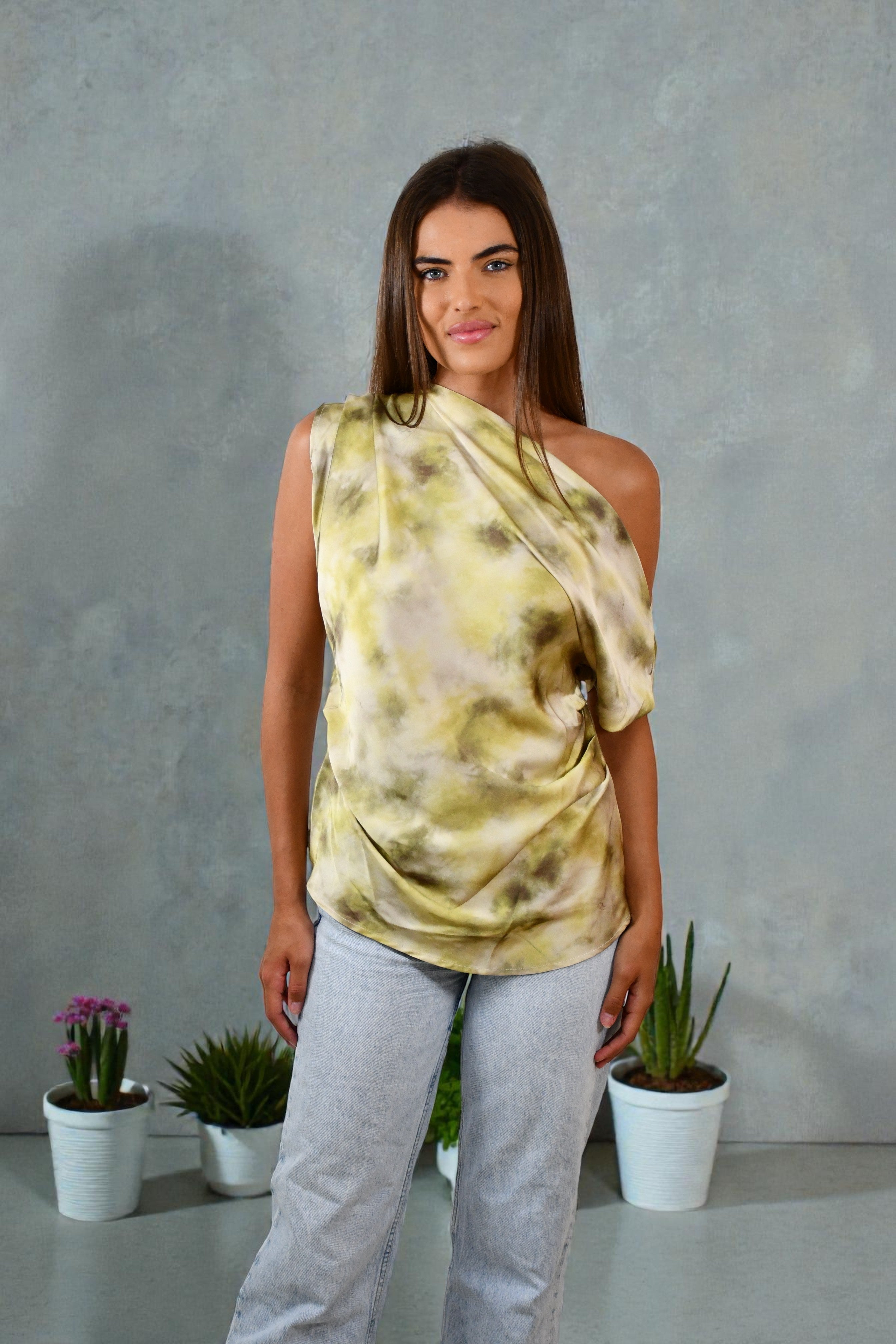 LX2660-1J One-Shoulder Tie-Dye Drape Top