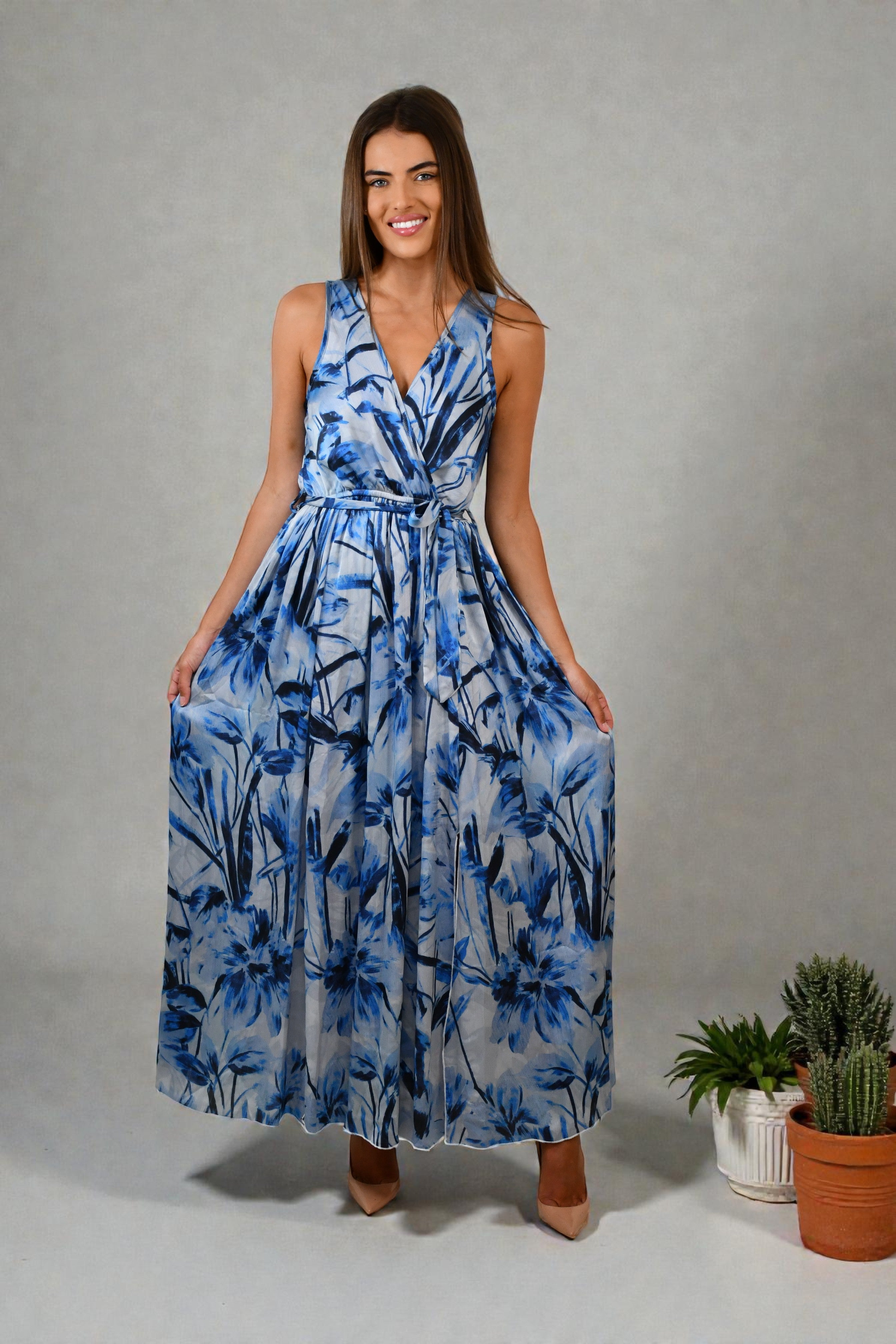 Q026-6J Blue Sleeveless Wrap Maxi Dress