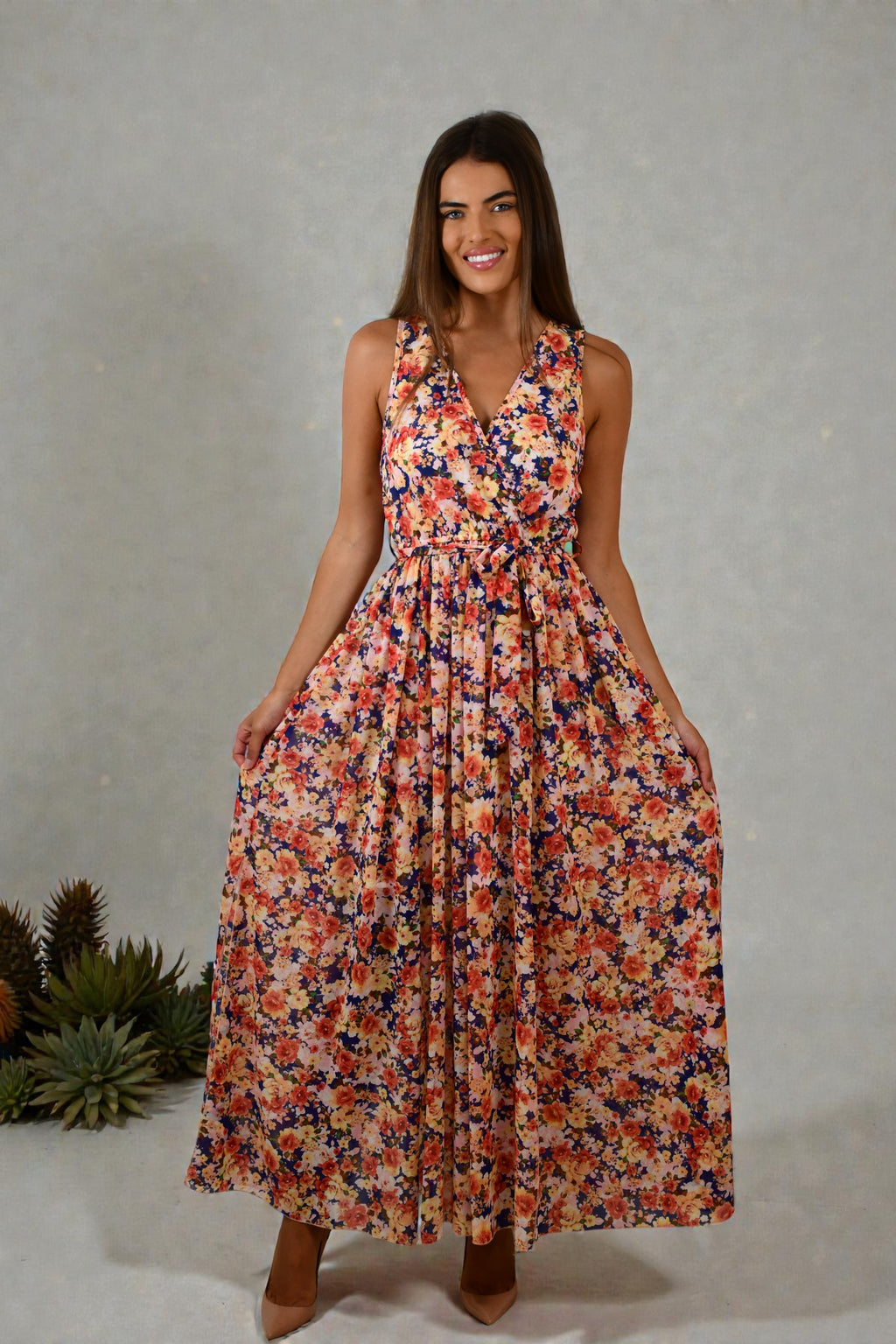 Q026-7J Multi Floral Sleeveless Wrap Maxi Dress
