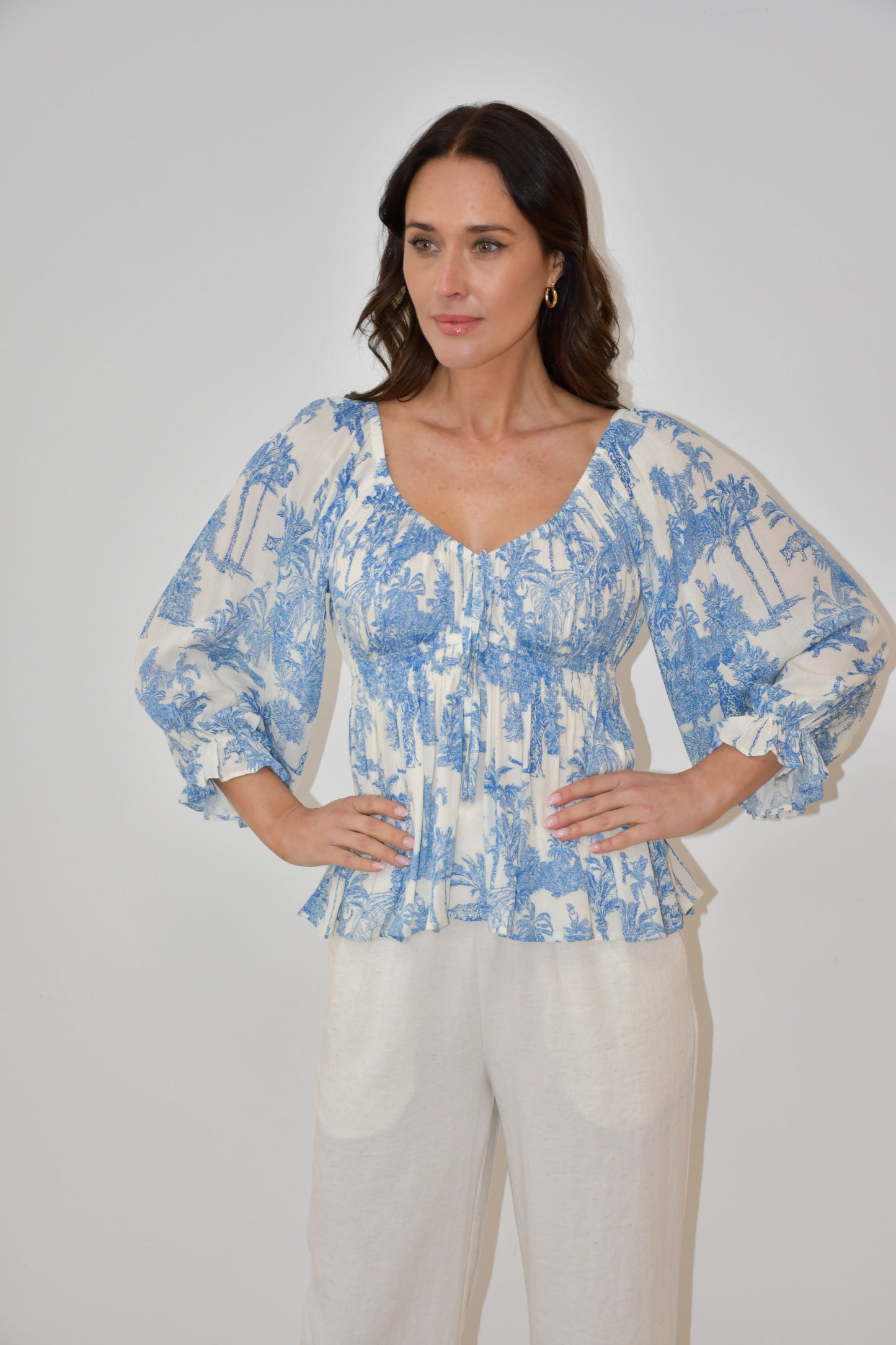 XW20533J - Blue & White Smocked Peplum Blouse