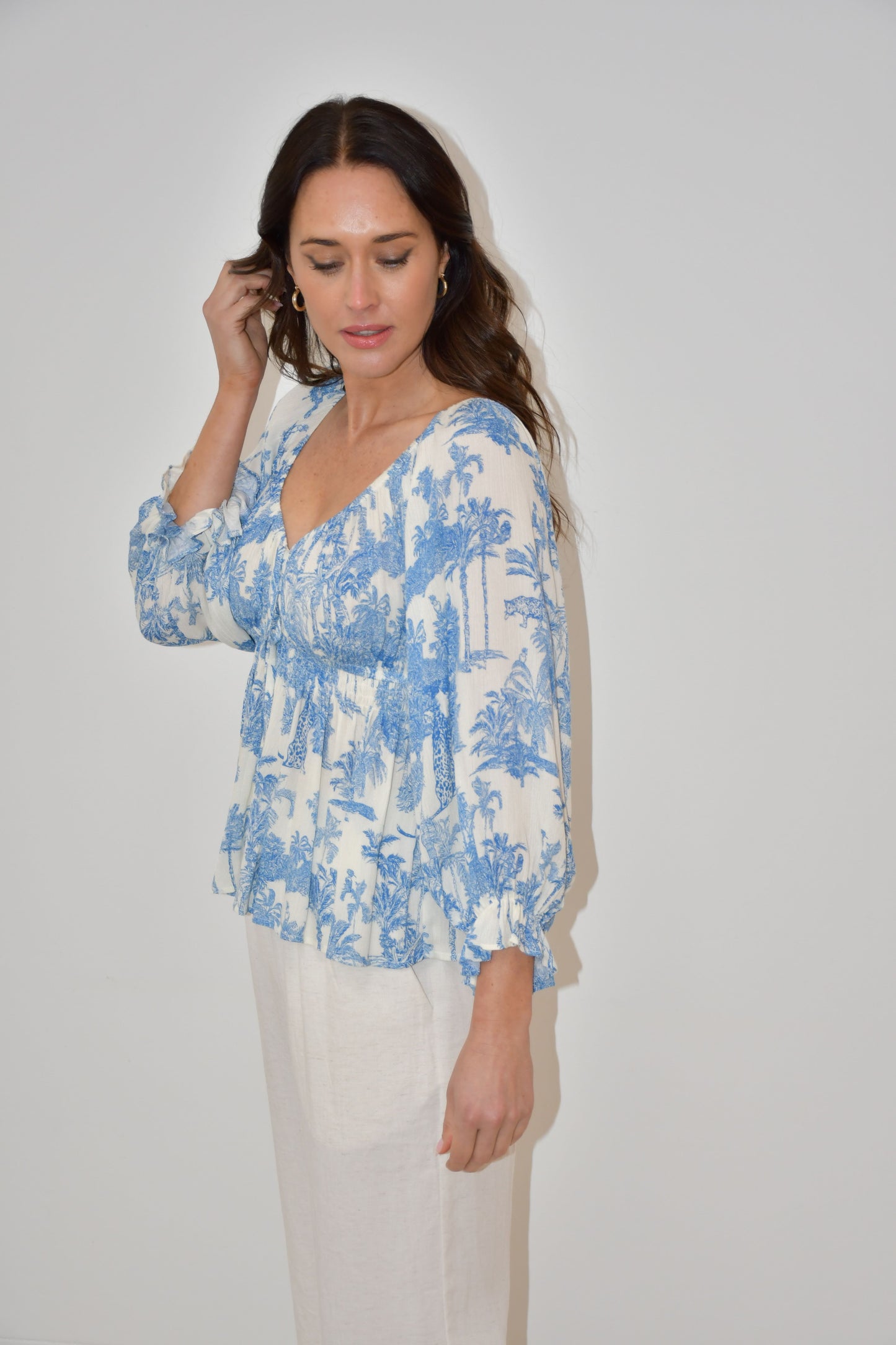 XW20533J - Blue & White Smocked Peplum Blouse