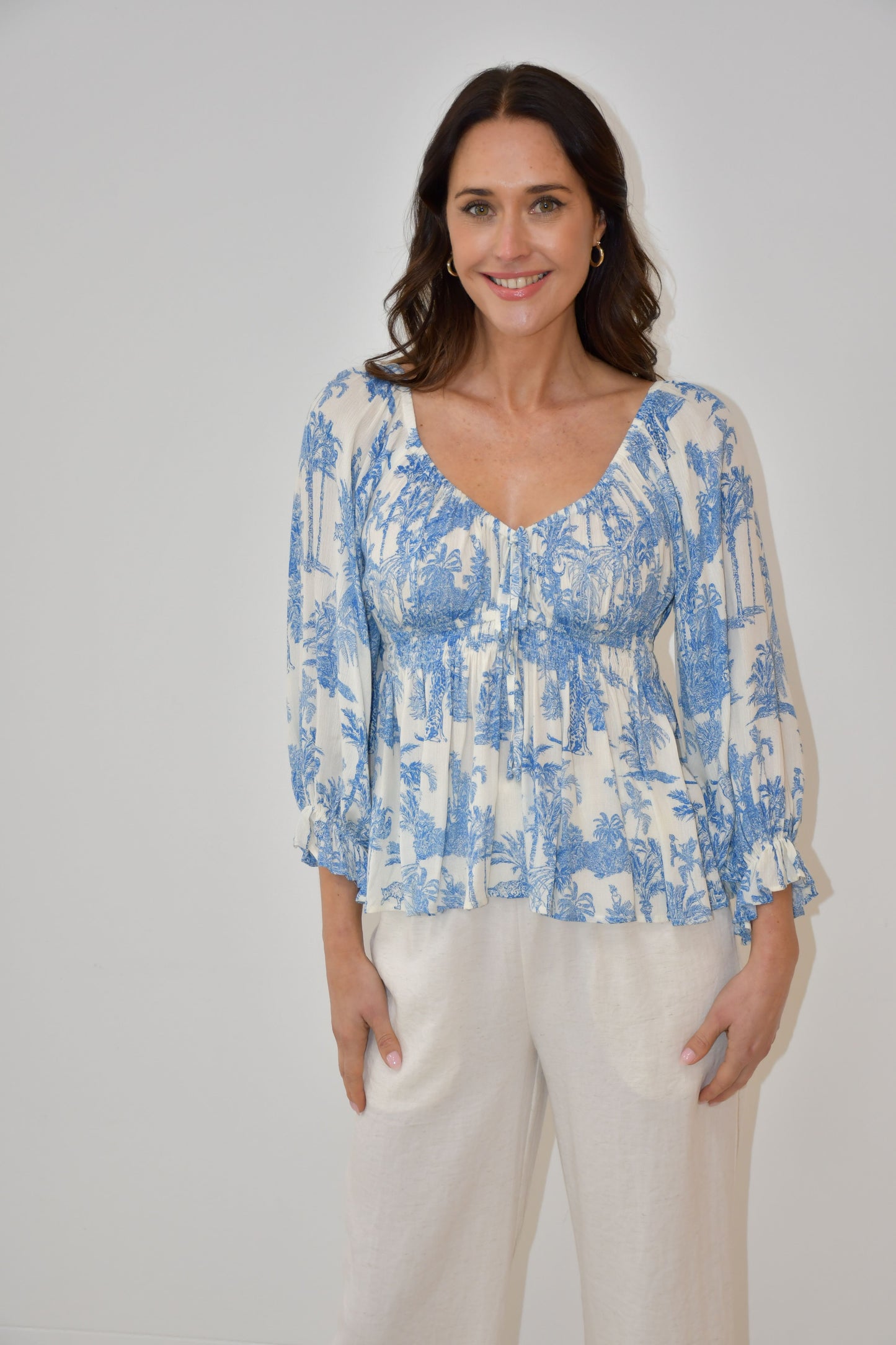 XW20533J - Blue & White Smocked Peplum Blouse