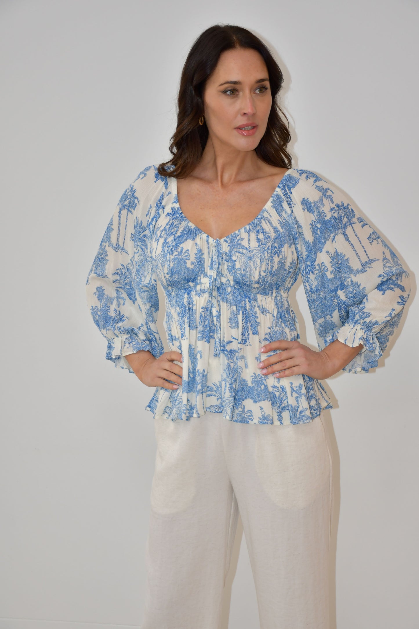 XW20533J - Blue & White Smocked Peplum Blouse