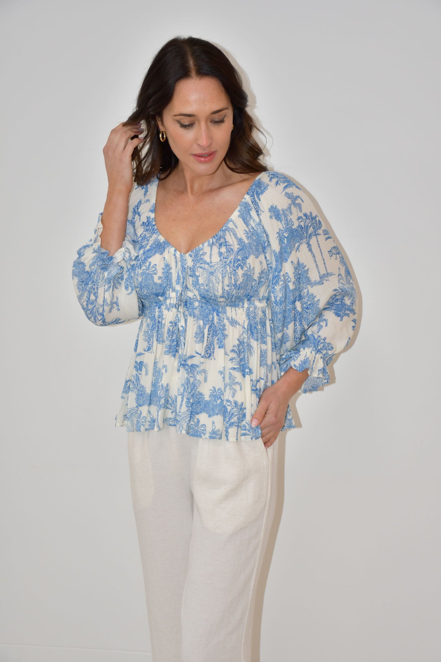 XW20533J - Blue & White Smocked Peplum Blouse
