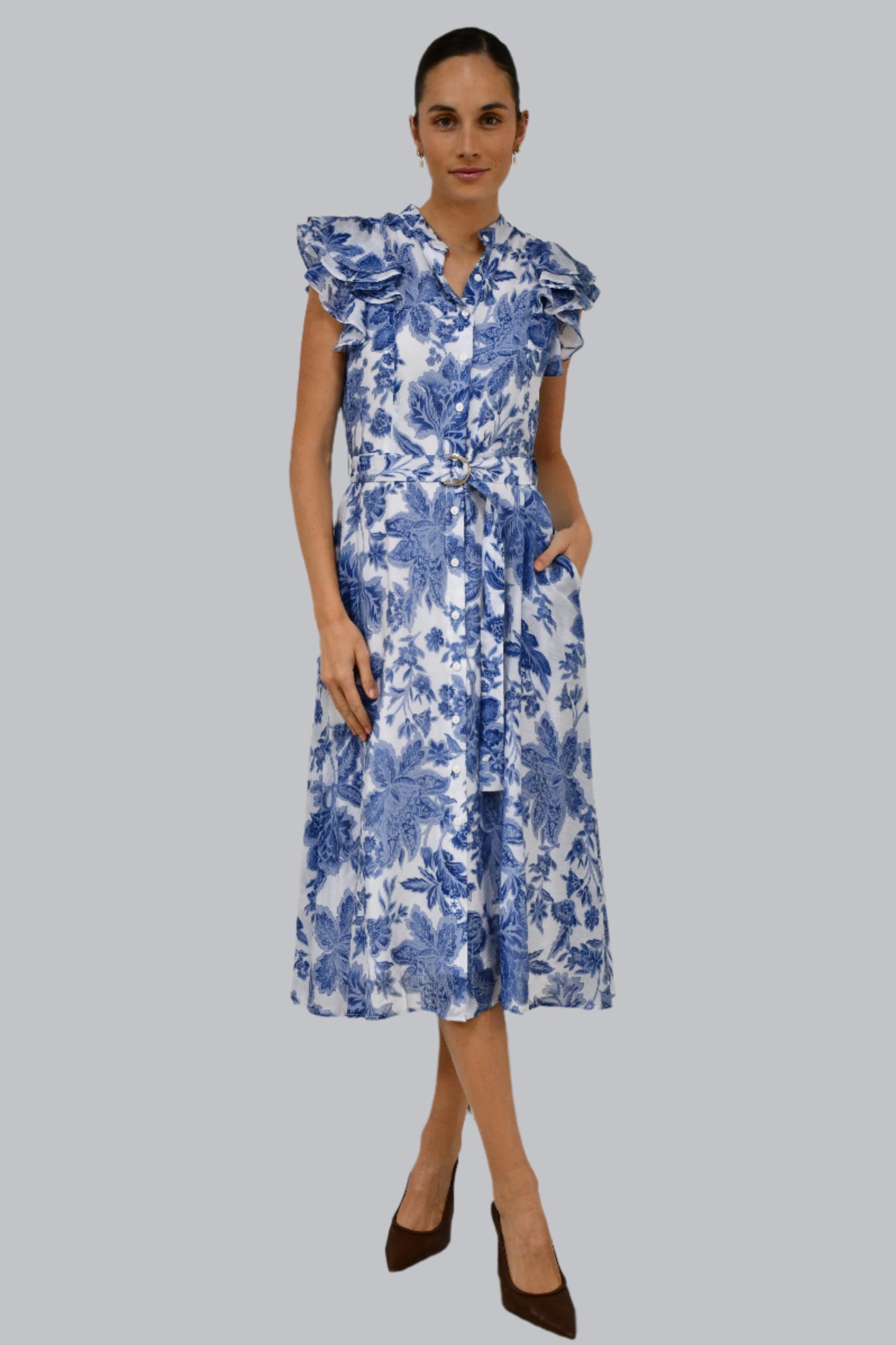 XW20707-10J - Floral Belted Midi Dress with Ruffle Sleeves - Blue
