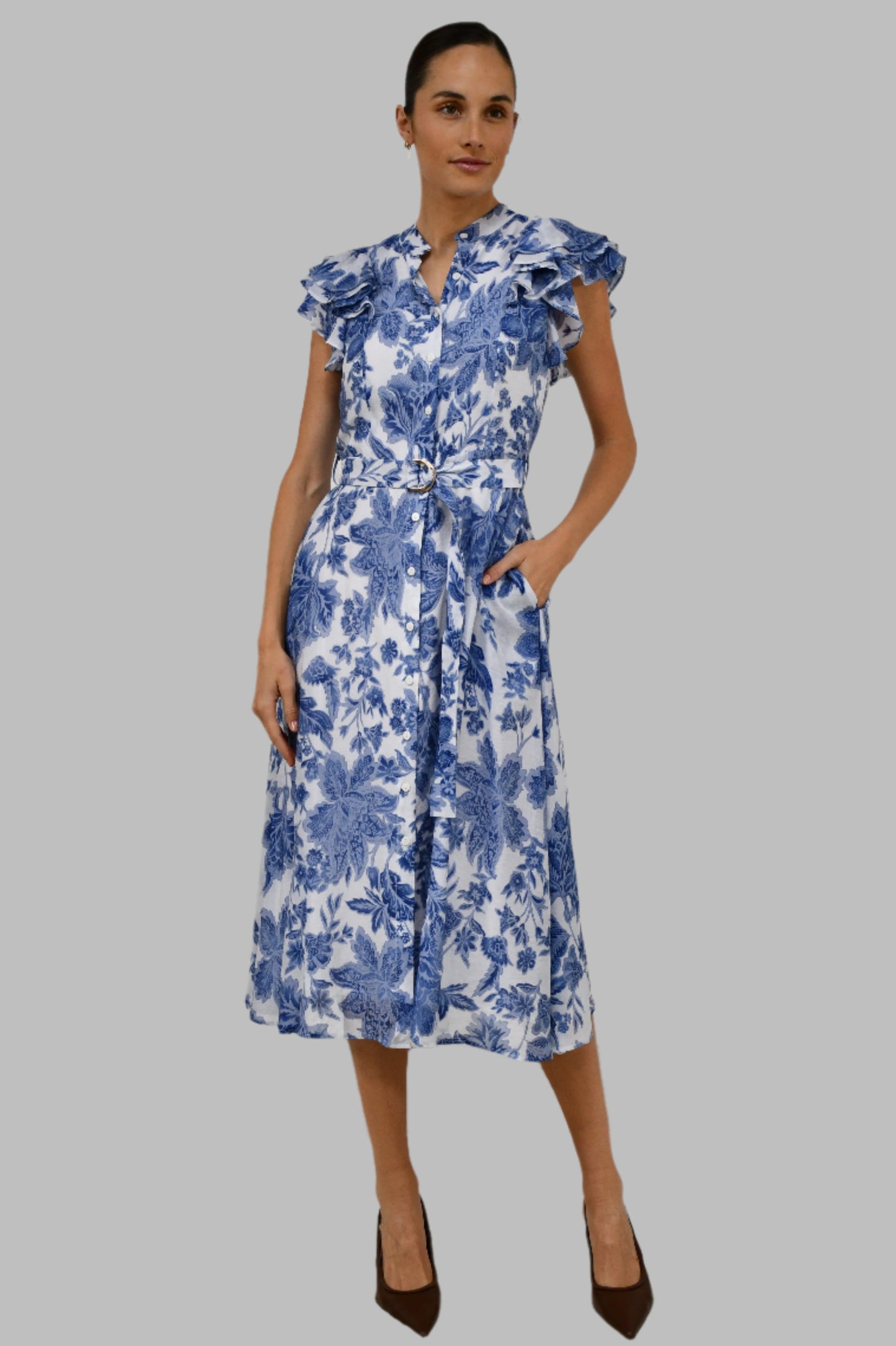 XW20707-10J - Floral Belted Midi Dress with Ruffle Sleeves - Blue