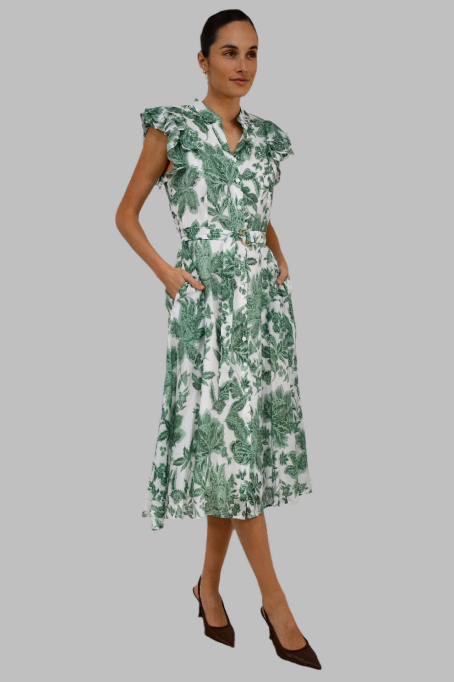 XW20707-10J - Floral Belted Midi Dress with Ruffle Sleeves - Blue