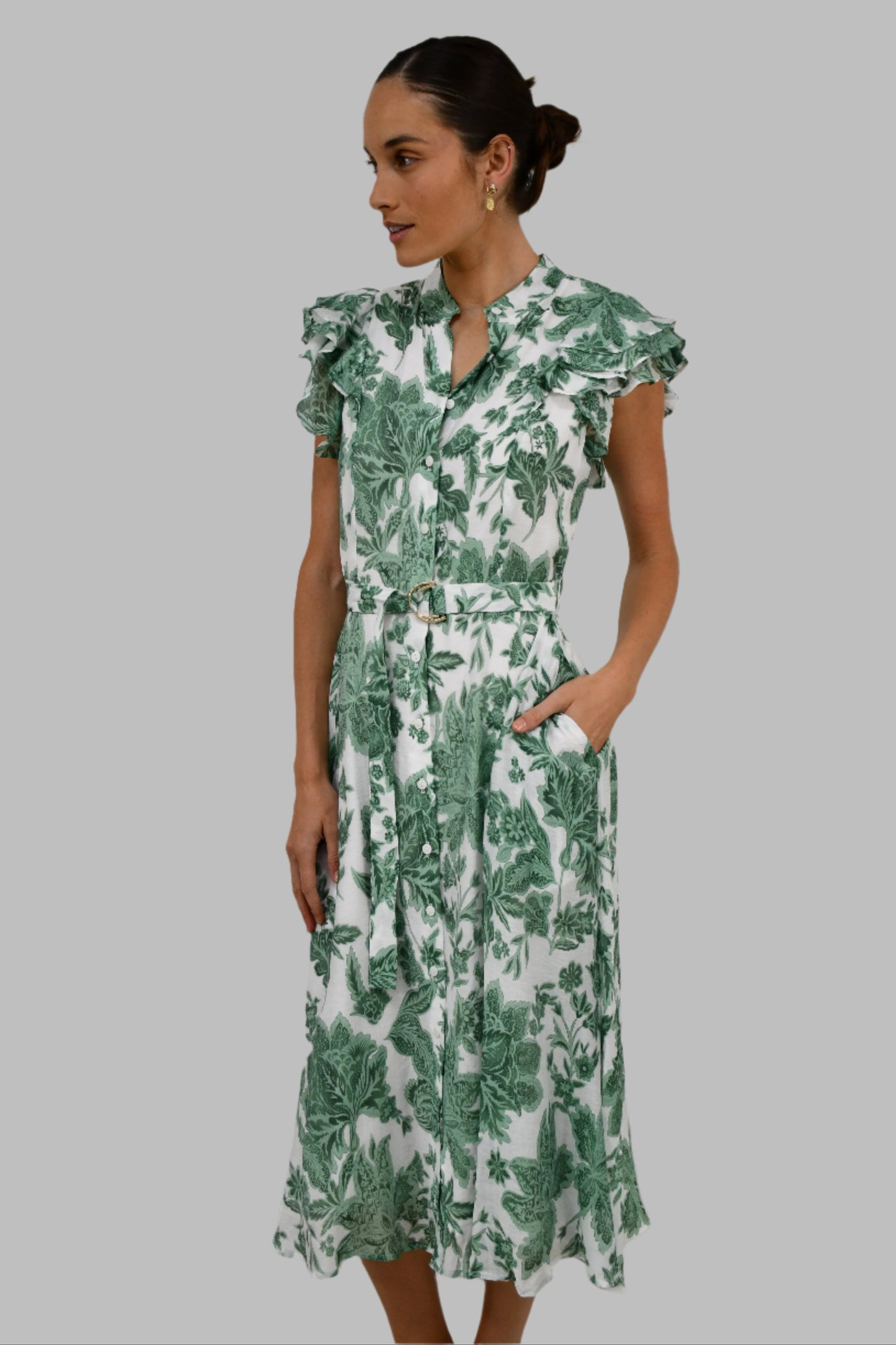 XW20707-10J - Floral Belted Midi Dress with Ruffle Sleeves - Blue