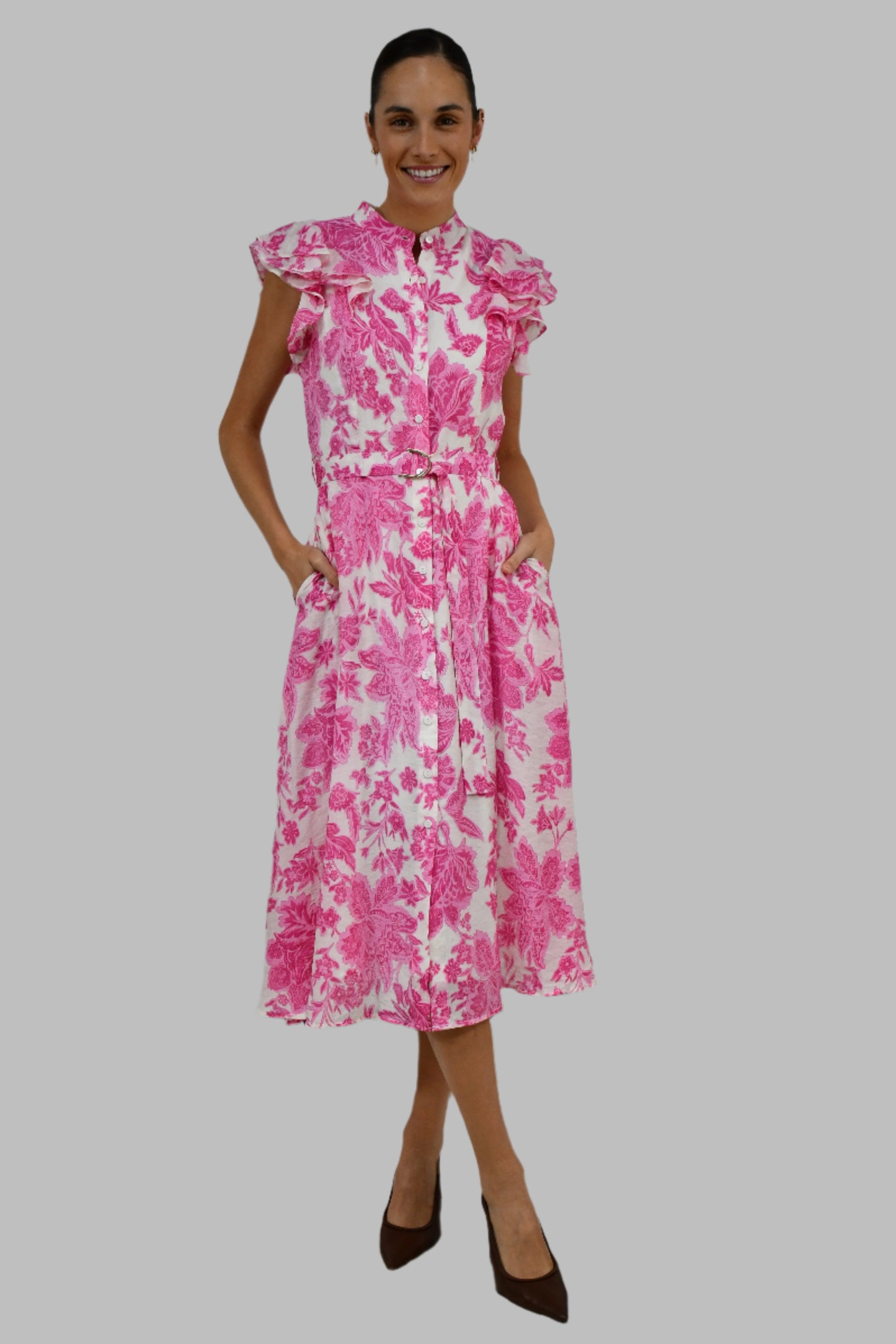 XW20707-10J - Floral Belted Midi Dress with Ruffle Sleeves - Blue