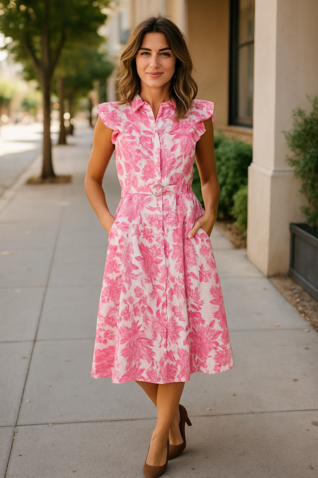 XW20707-10J - Floral Belted Midi Dress with Ruffle Sleeves - Blue