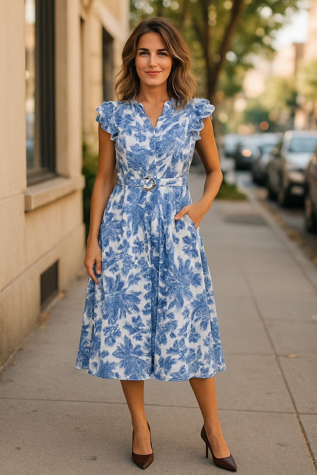 XW20707-10J - Floral Belted Midi Dress with Ruffle Sleeves - Blue