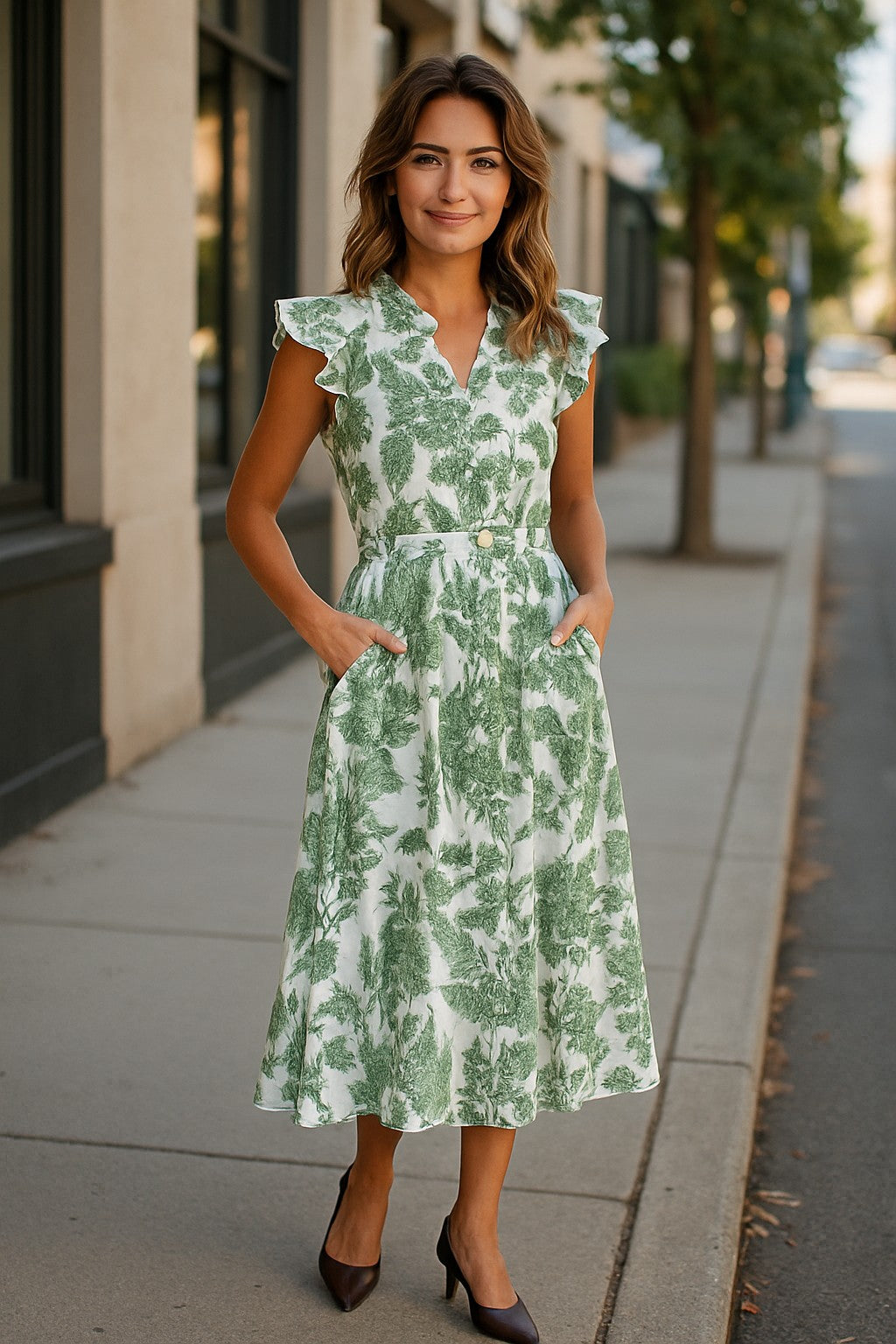 XW20707-10J - Floral Belted Midi Dress with Ruffle Sleeves - Blue