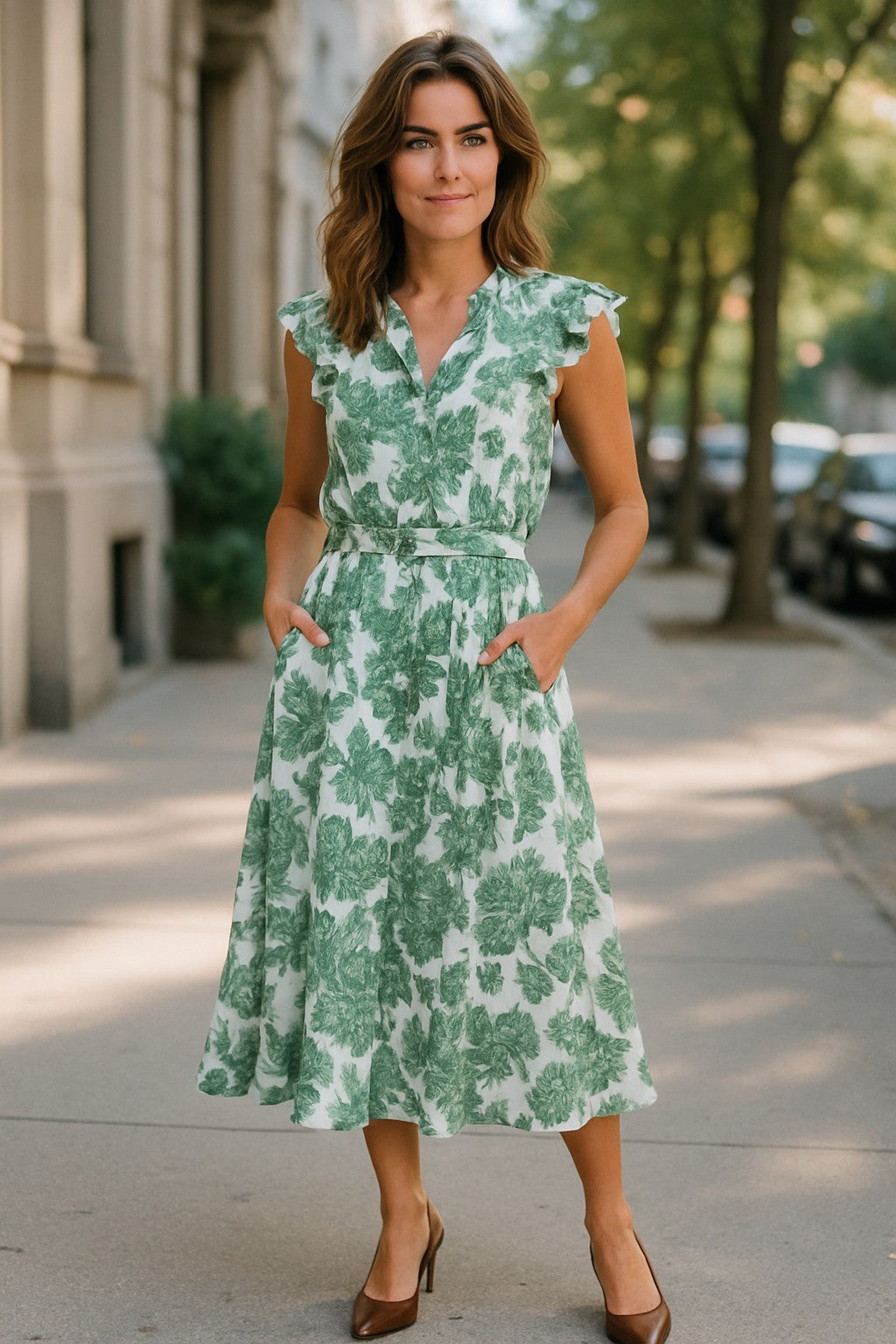 XW20707-10J - Floral Belted Midi Dress with Ruffle Sleeves - Blue