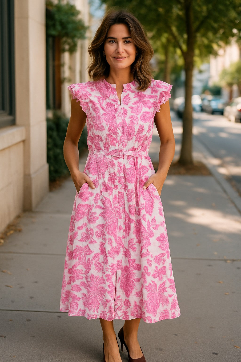 XW20707-10J - Floral Belted Midi Dress with Ruffle Sleeves - Blue