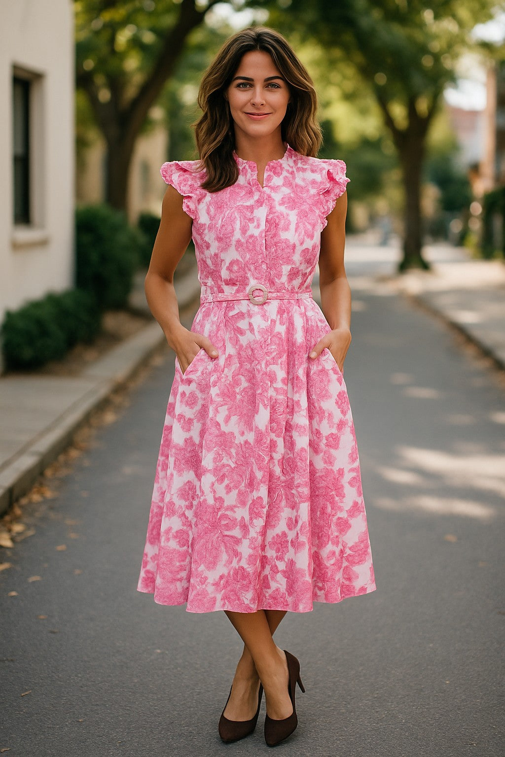 XW20707-10J - Floral Belted Midi Dress with Ruffle Sleeves - Blue