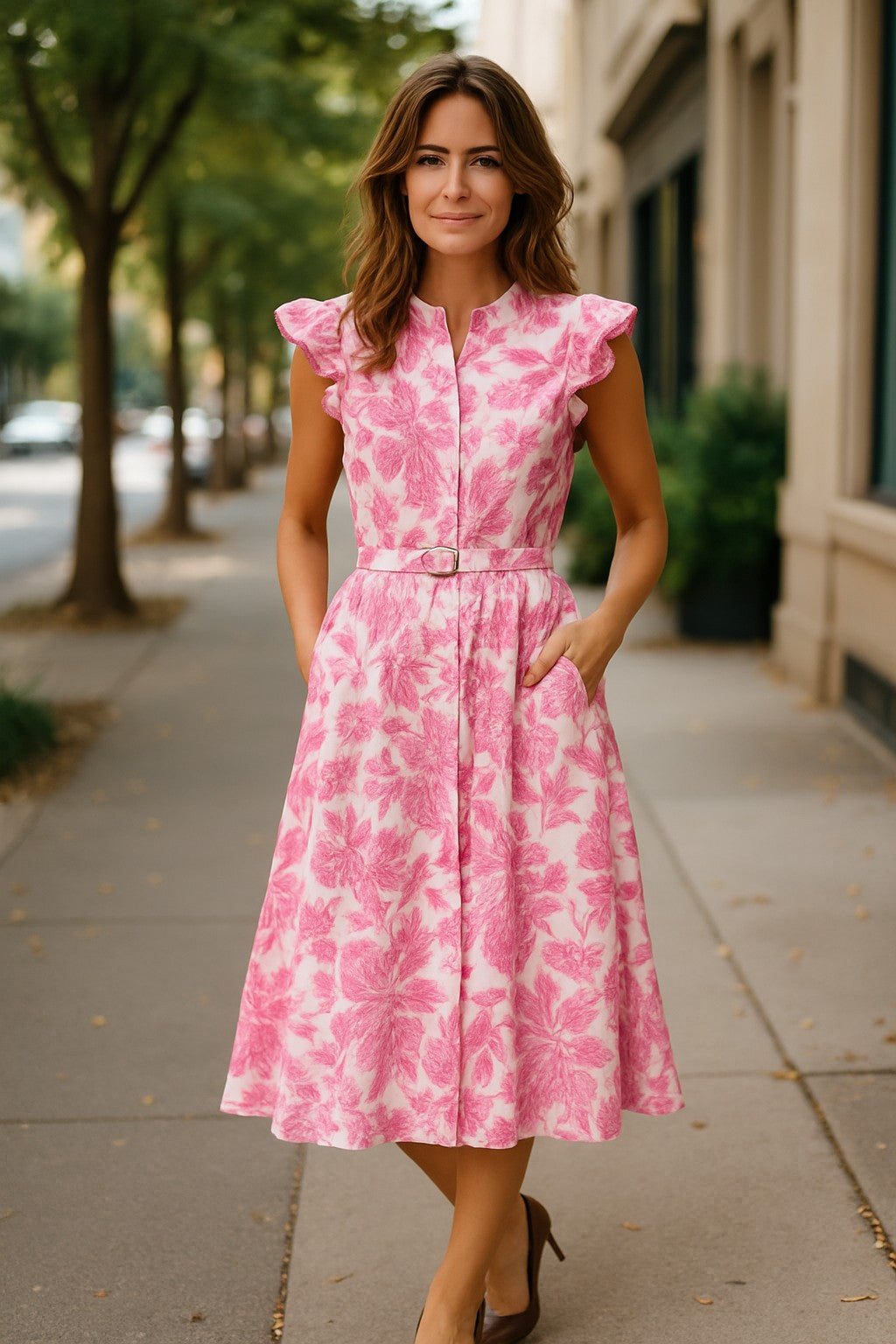 XW20707-10J - Floral Belted Midi Dress with Ruffle Sleeves - Blue