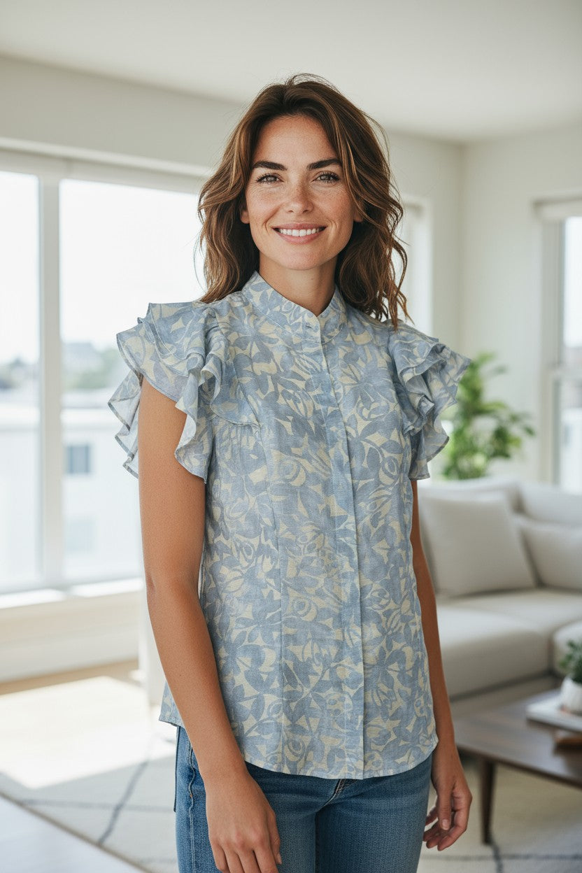 XW20707-12J - Lightweight Floral Blouse with Ruffled Sleeves - L Blue