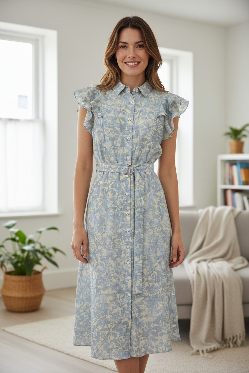 XW20707-13J - Floral Belted Midi Dress with Ruffle Sleeves - L Blue