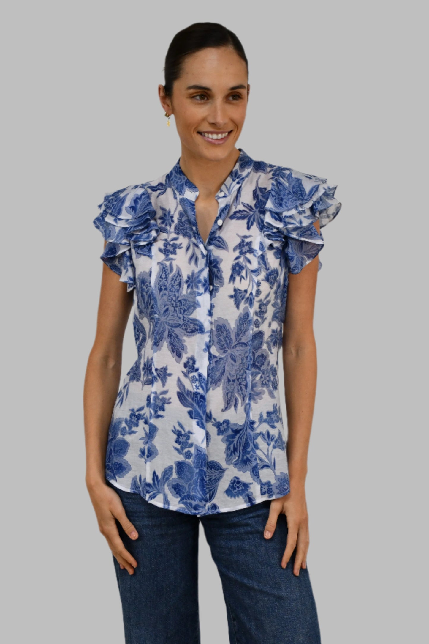XW20707-14J - Lightweight Floral Blouse with Ruffled Sleeves - Blue