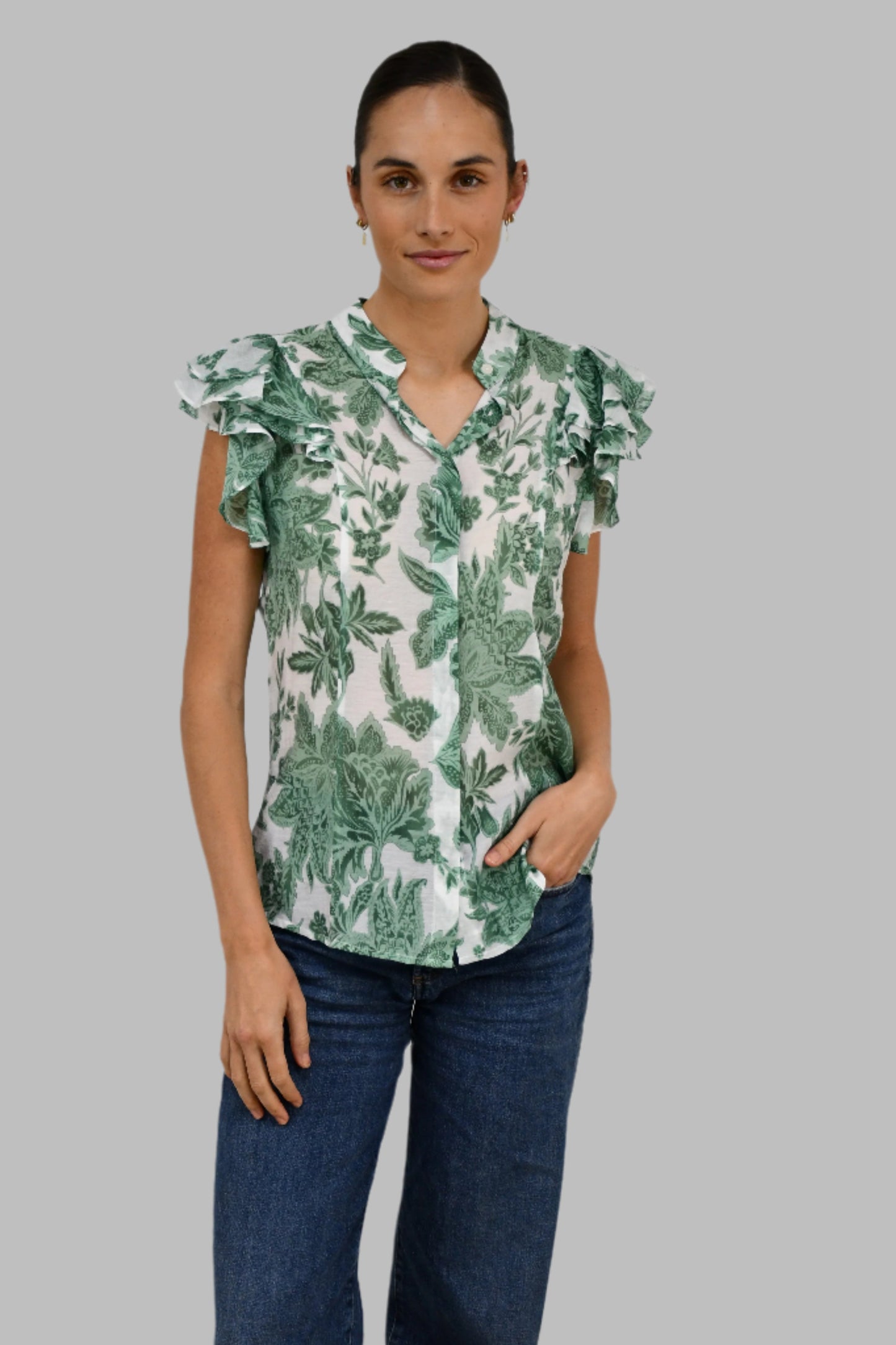 XW20707-14J - Lightweight Floral Blouse with Ruffled Sleeves - Blue