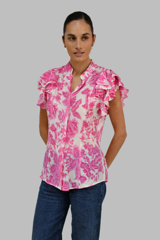 XW20707-14J - Lightweight Floral Blouse with Ruffled Sleeves - Pink