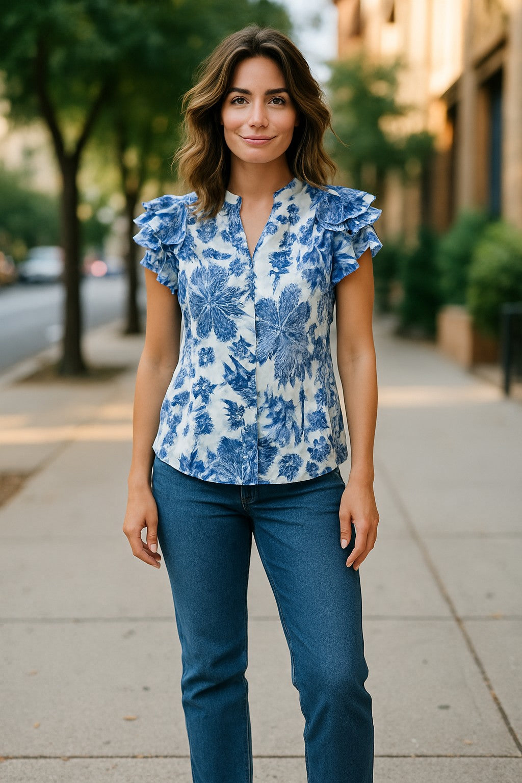 XW20707-14J - Lightweight Floral Blouse with Ruffled Sleeves - Blue