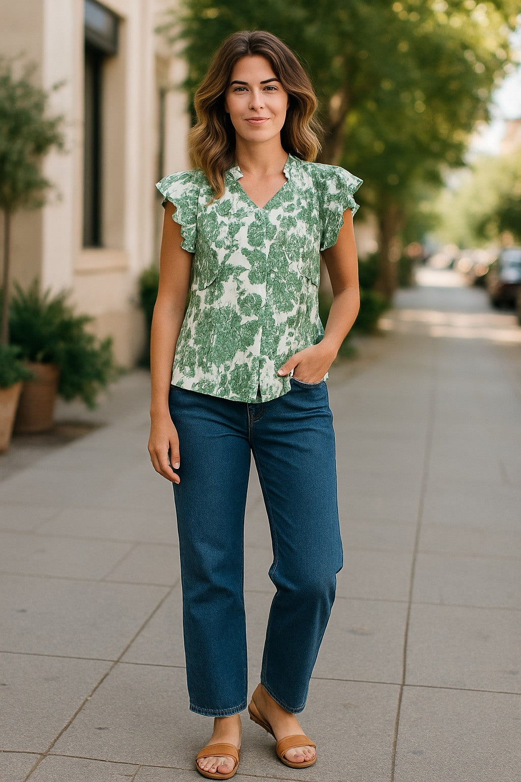 XW20707-14J - Lightweight Floral Blouse with Ruffled Sleeves