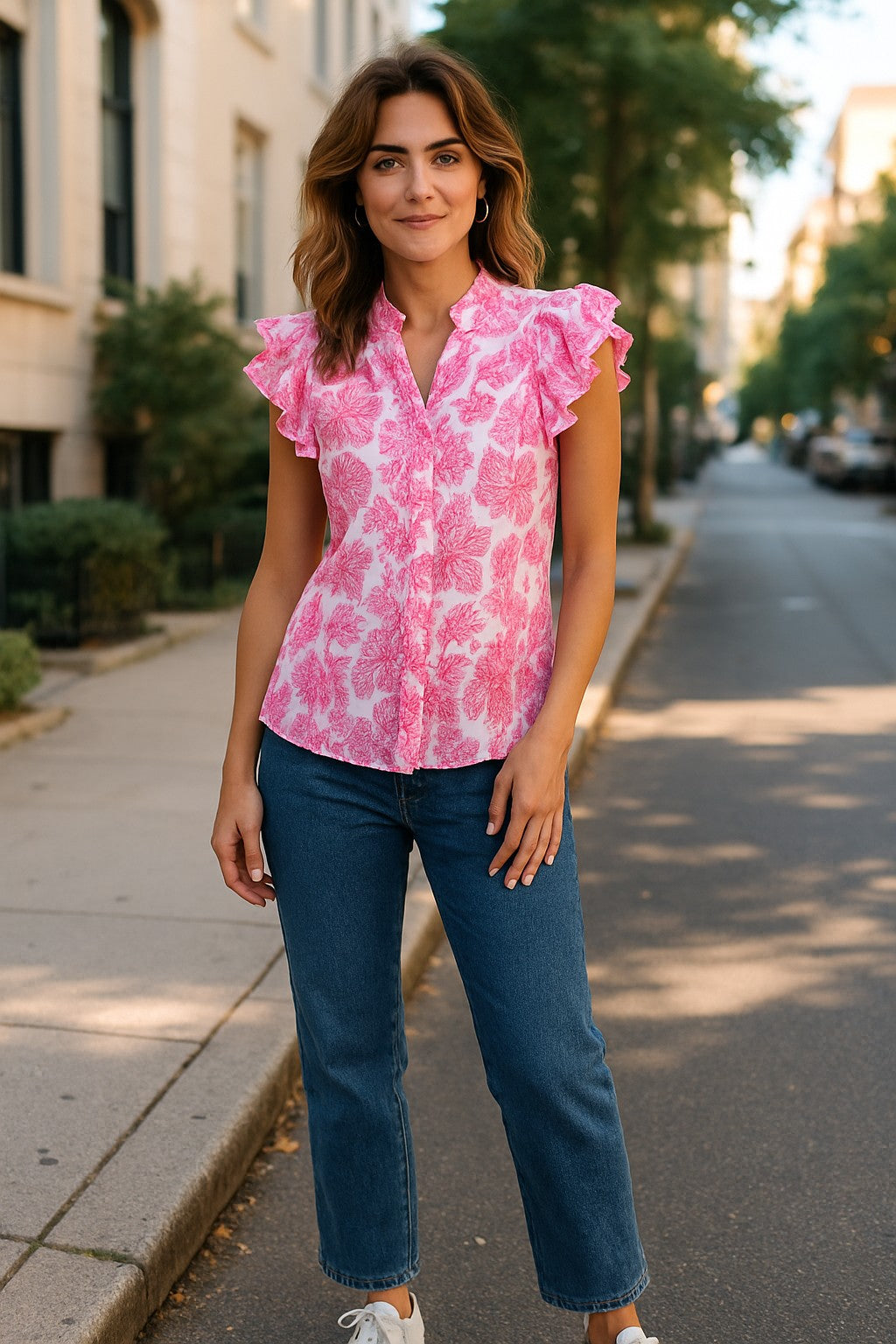 XW20707-14J - Lightweight Floral Blouse with Ruffled Sleeves - Blue