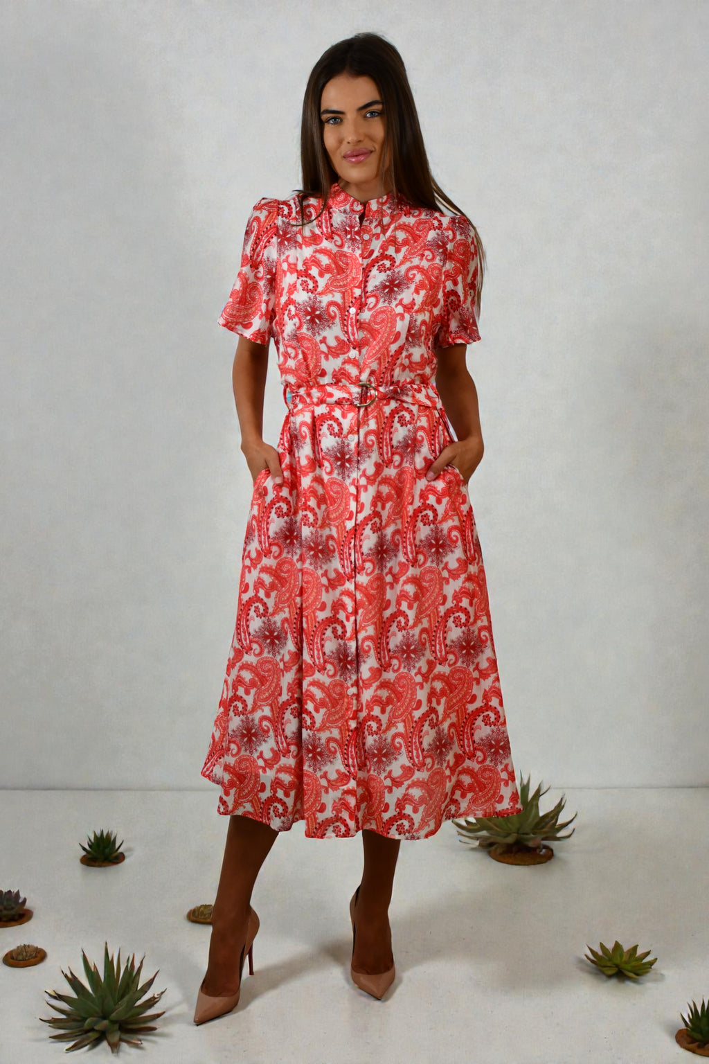 XW20707-15J  Paisley-Inspired Short-Sleeve Midi Dress