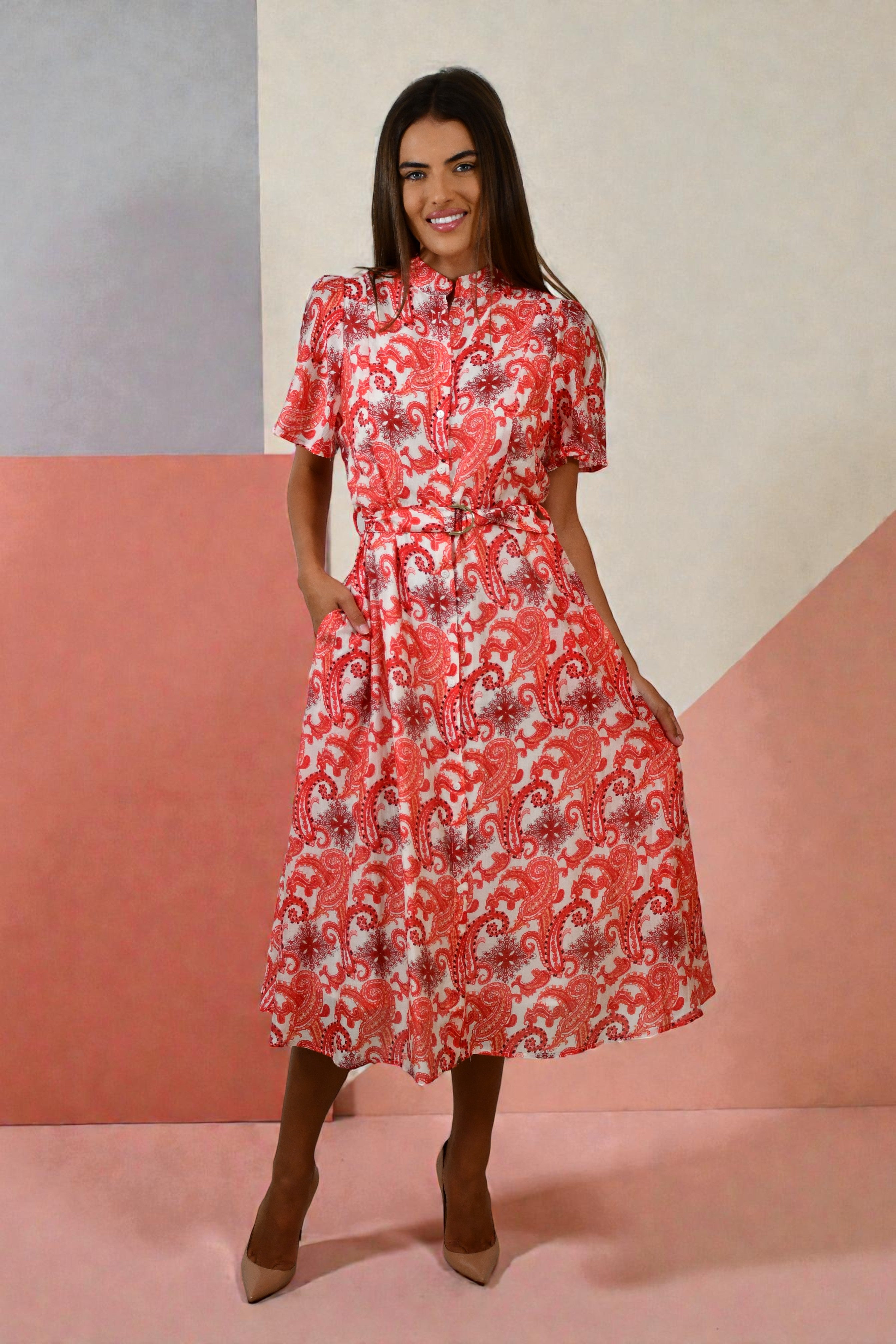XW20707-15J  Paisley-Inspired Short-Sleeve Midi Dress