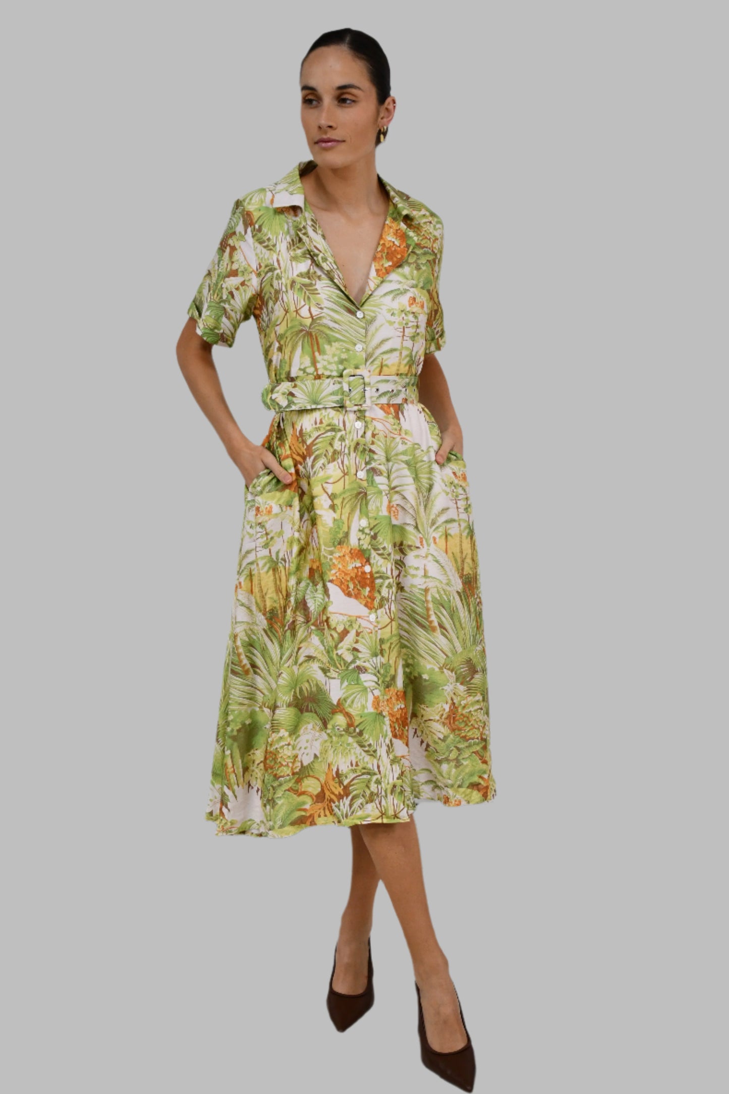 XW20781J - Tropical Print Belted Shirt Dress