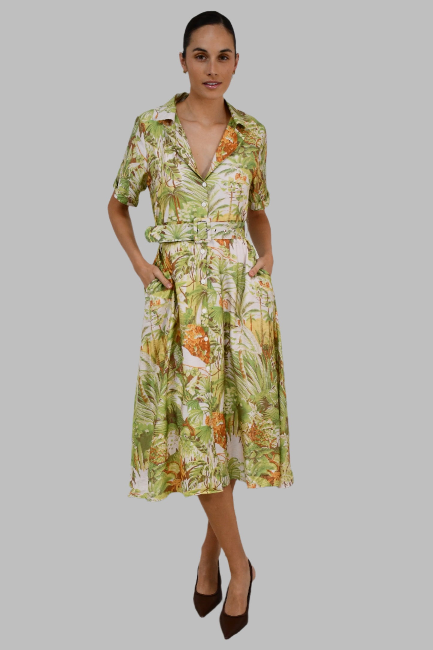 XW20781J - Tropical Print Belted Shirt Dress