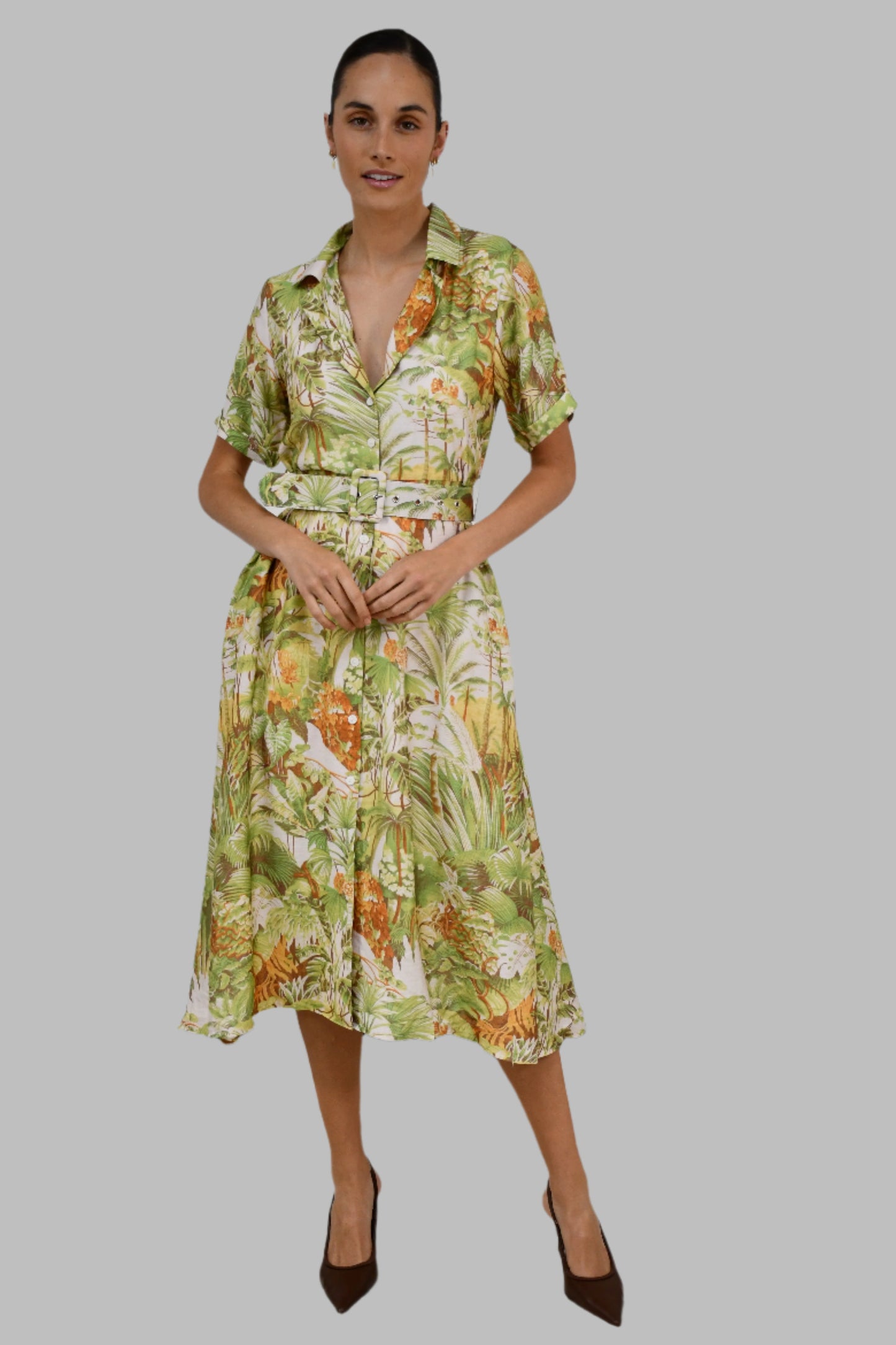 XW20781J - Tropical Print Belted Shirt Dress