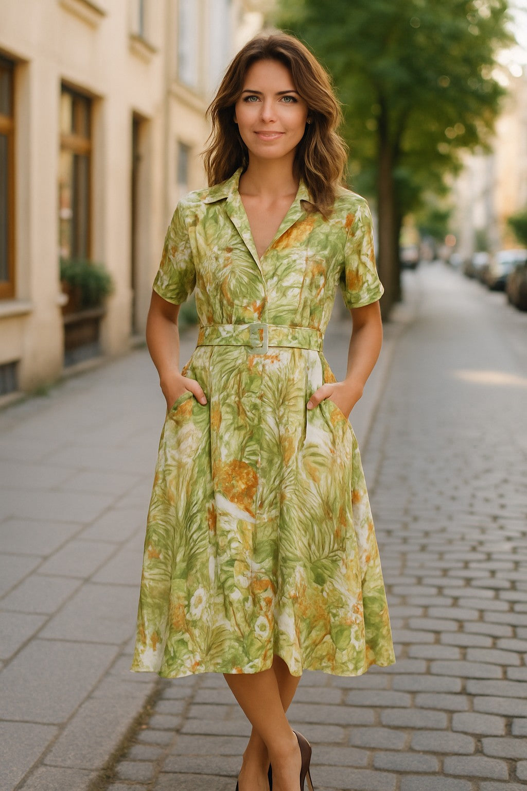 XW20781J - Tropical Print Belted Shirt Dress