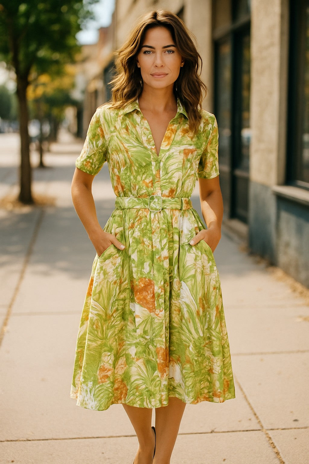 XW20781J - Tropical Print Belted Shirt Dress