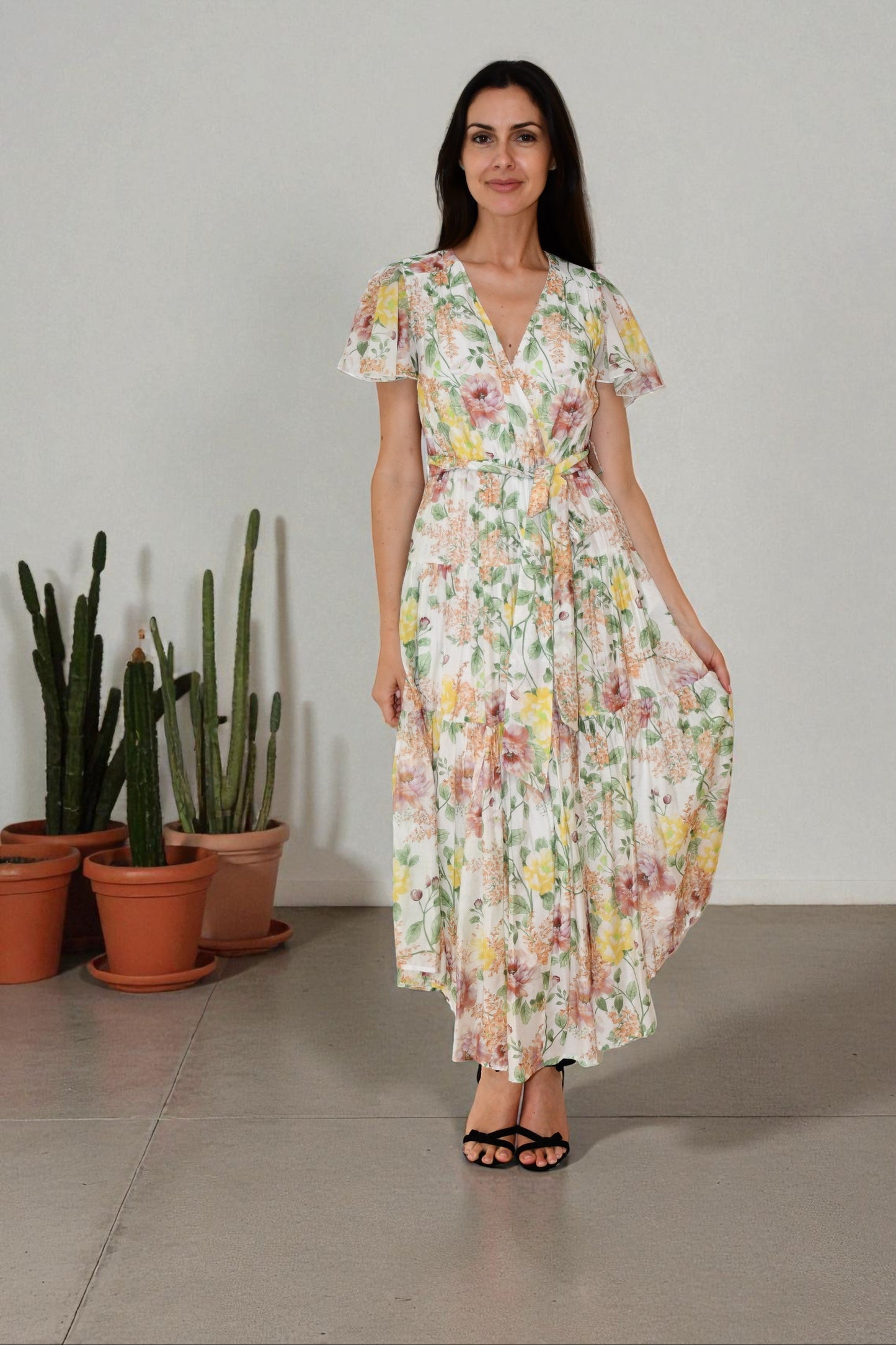 XW20796-1J Soft Pastel Garden Pleated Maxi Dress