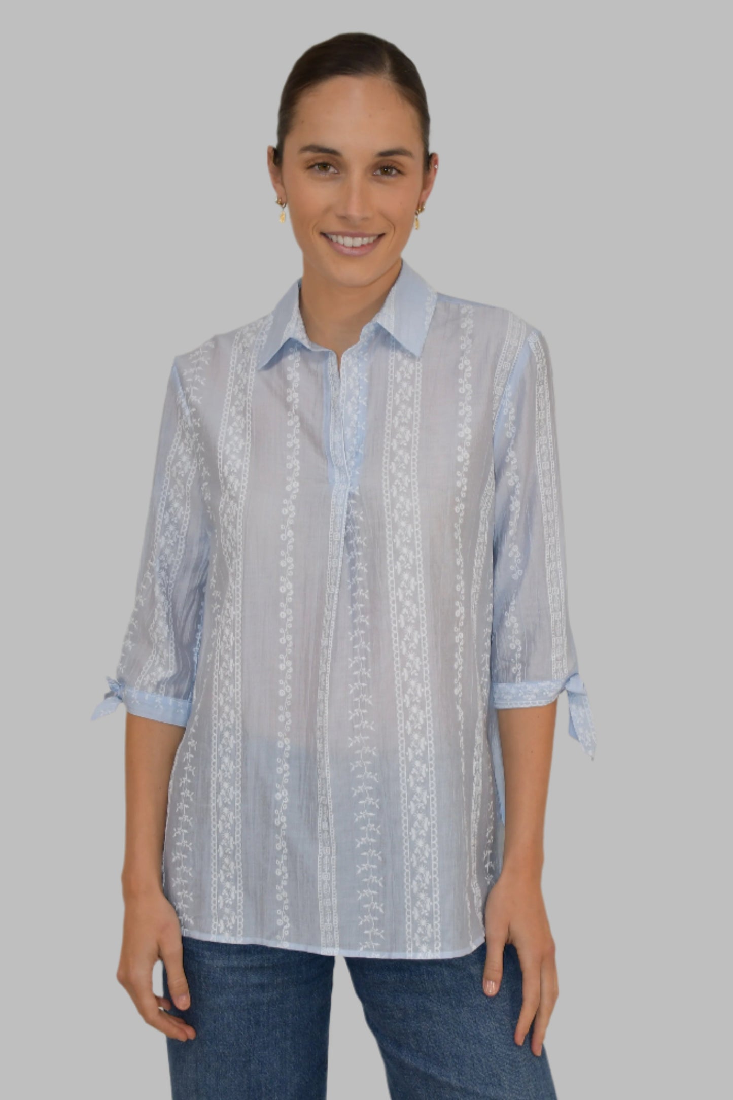 LX2536J - Embroidered Stripe Cotton Blouse