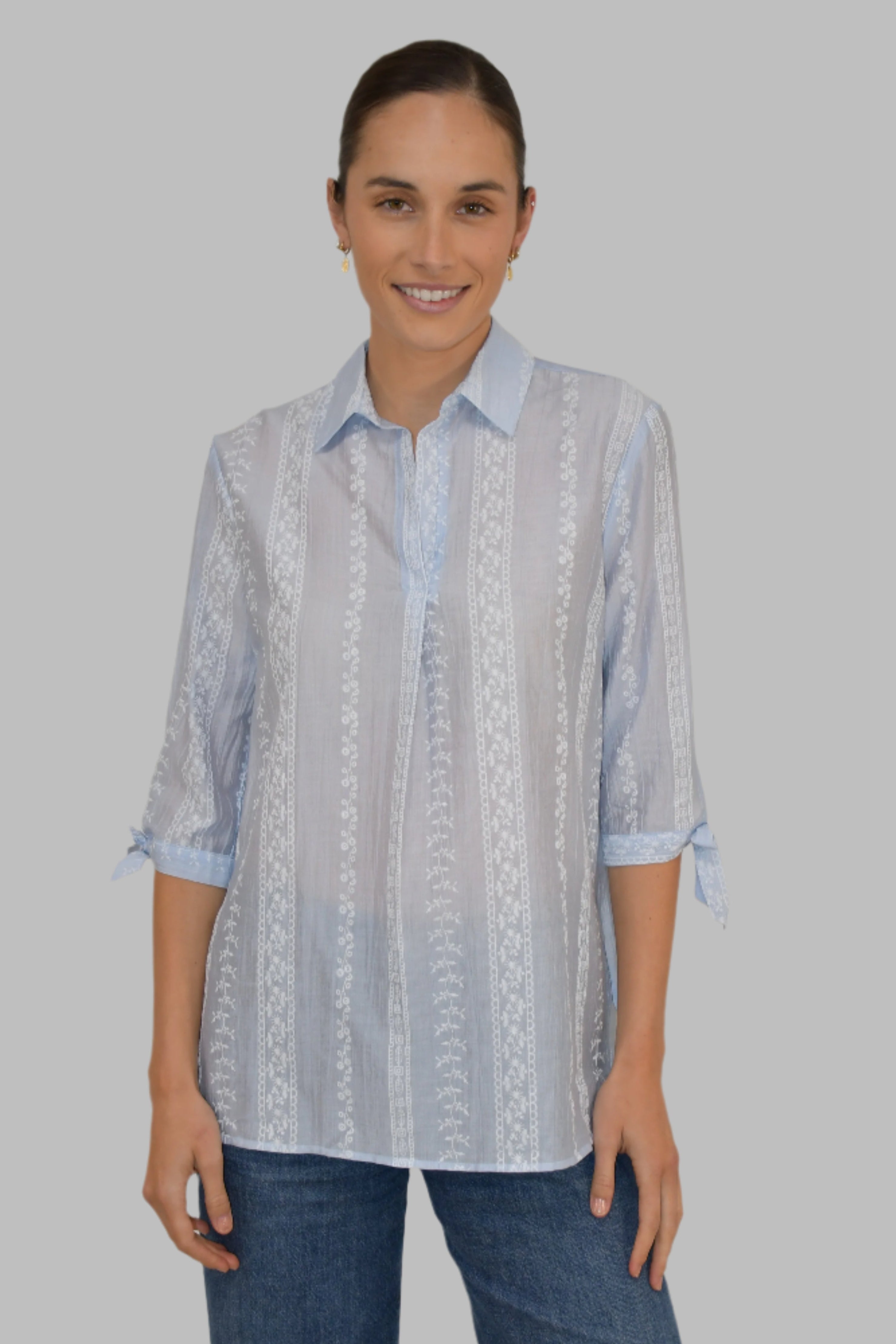 LX2536J - Embroidered Stripe Cotton Blouse