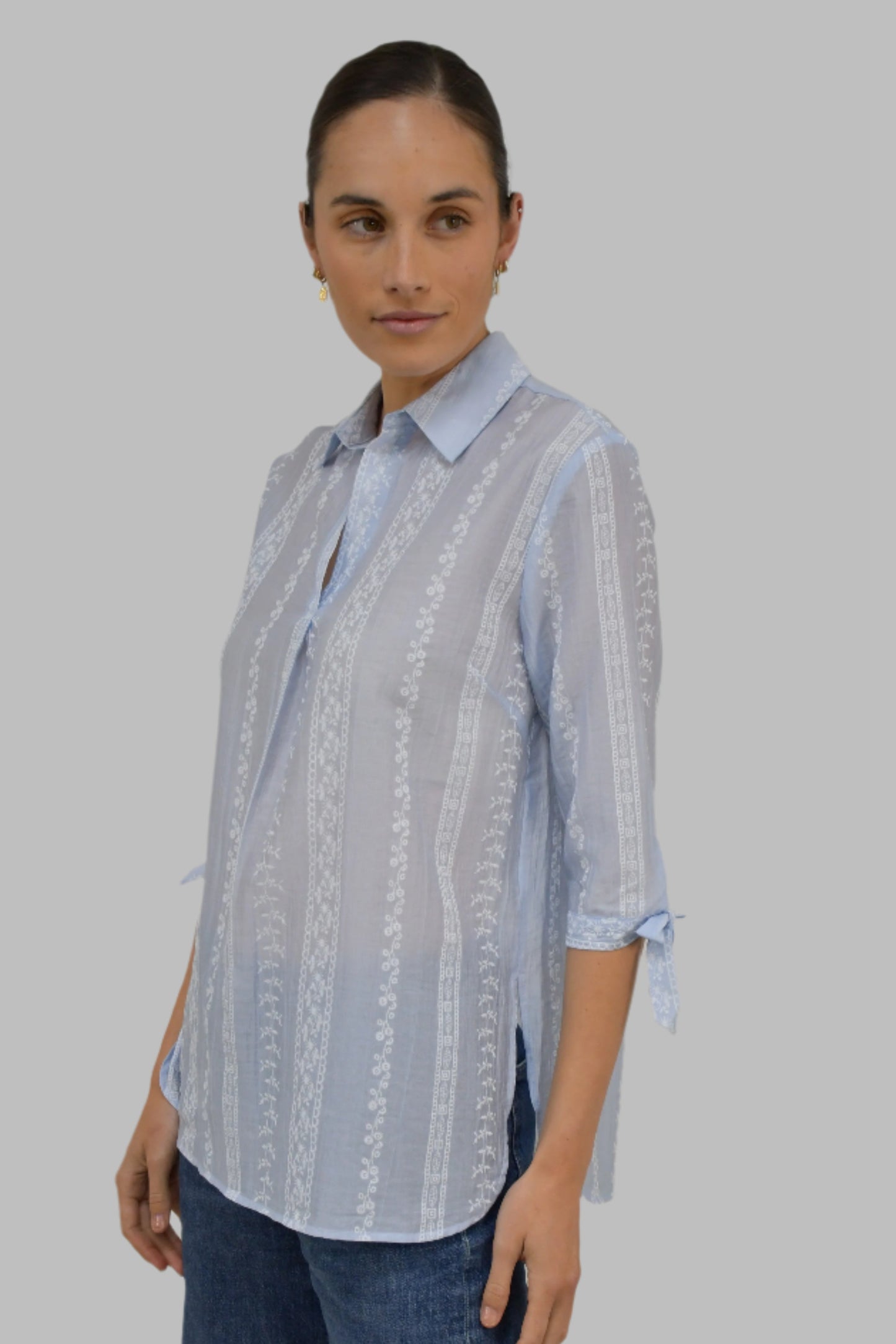 LX2536J - Embroidered Stripe Cotton Blouse
