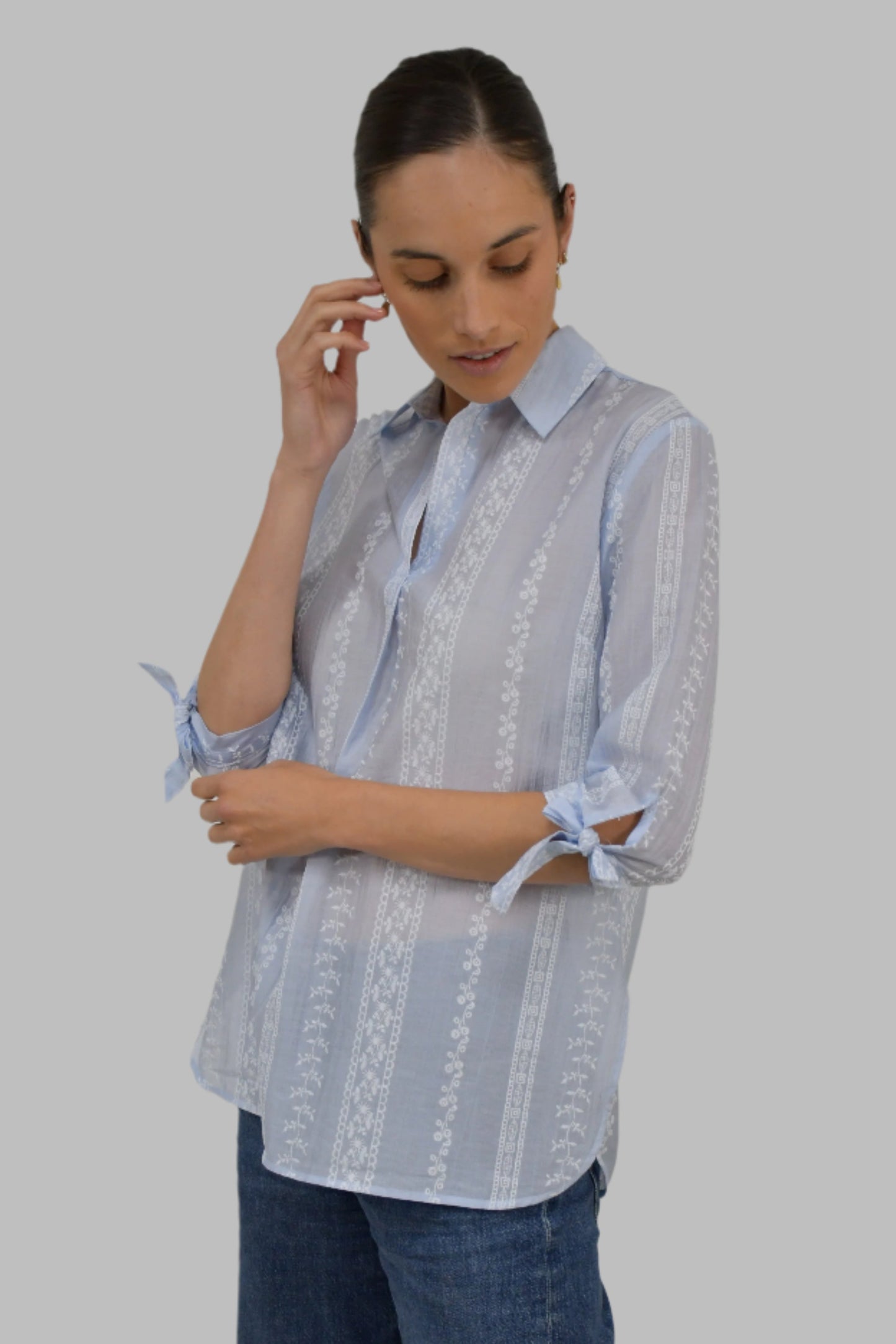 LX2536J - Embroidered Stripe Cotton Blouse