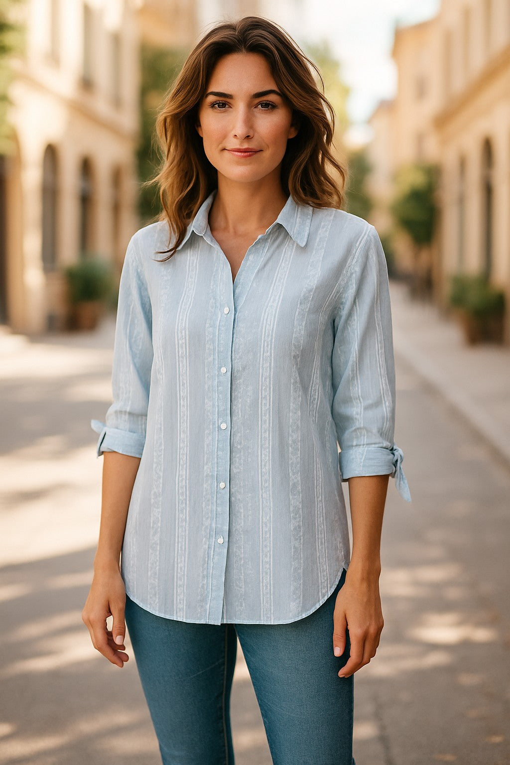 LX2536J - Embroidered Stripe Cotton Blouse