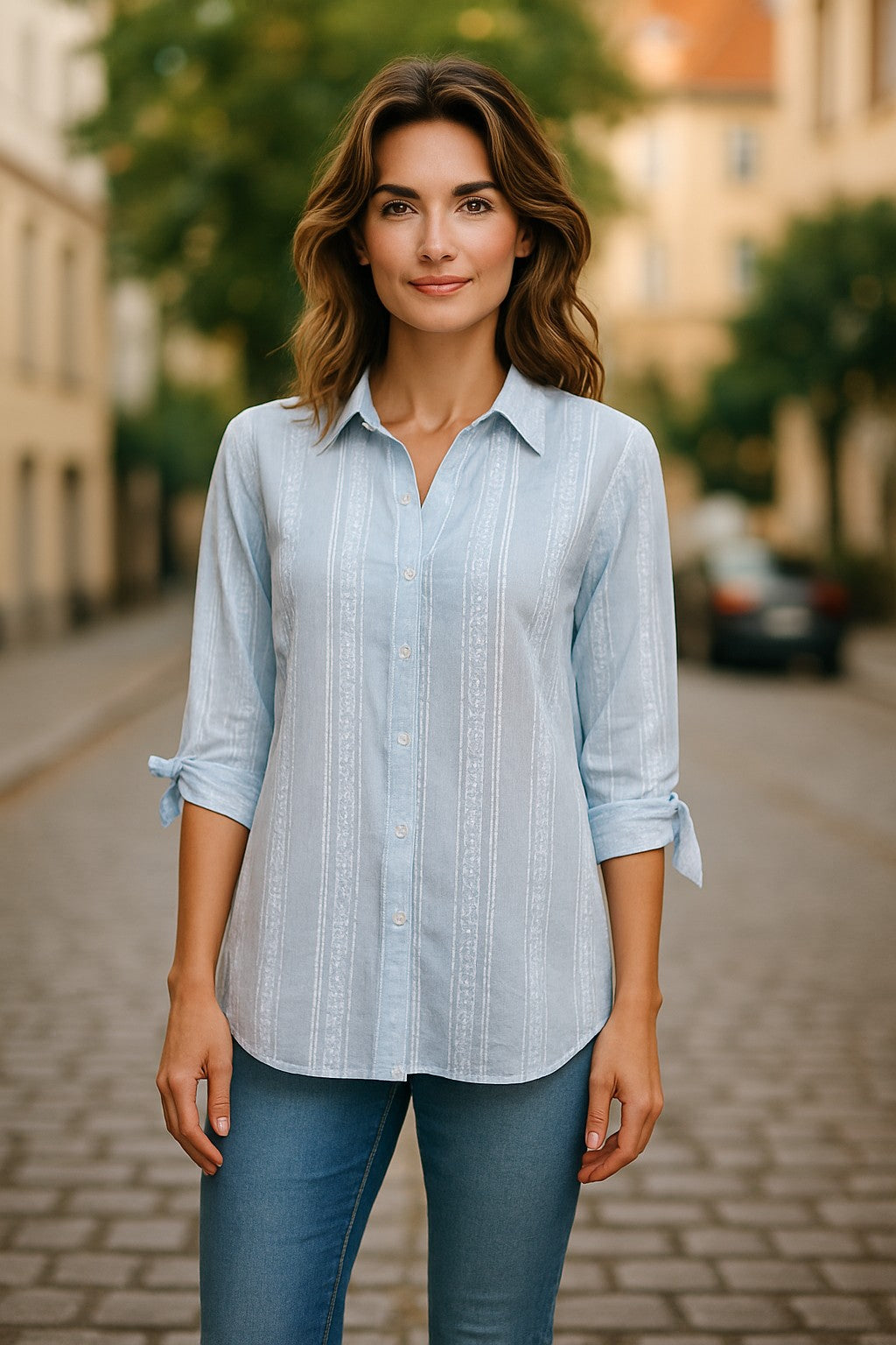 LX2536J - Embroidered Stripe Cotton Blouse